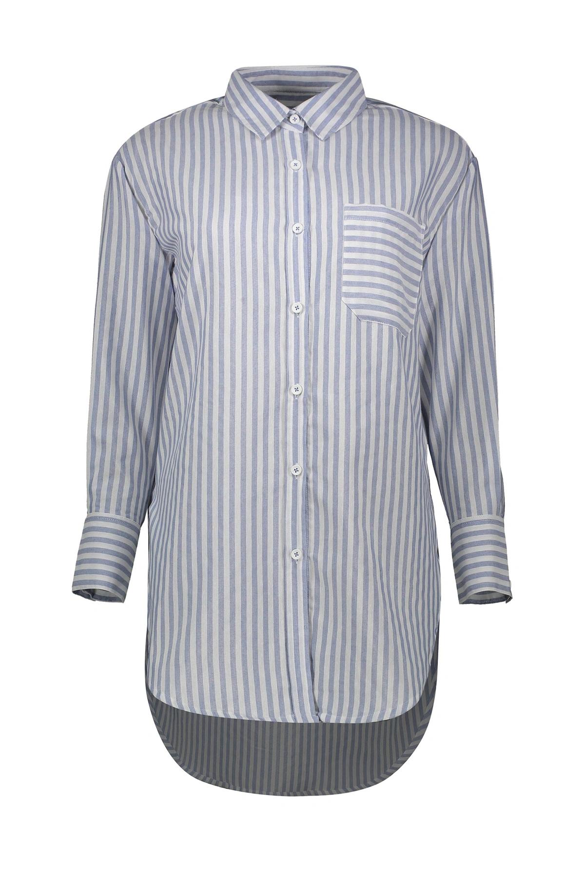 شومیز بلند زنانه تولید برند پاتن جامه ، شومیز طرح راه راه یقه برگردان دارای تک جیب قد تا بالای زانو 