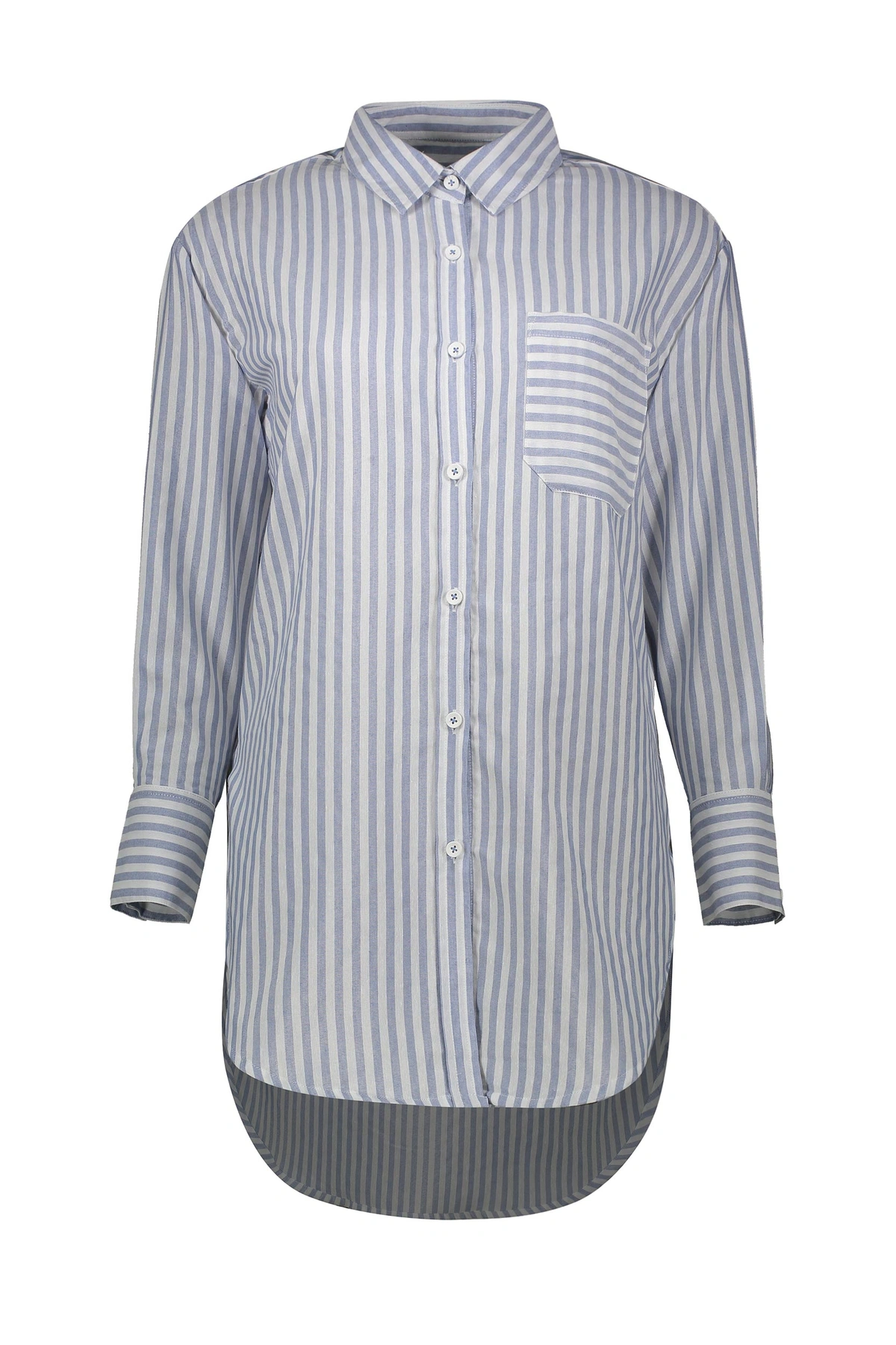 شومیز بلند زنانه تولید برند پاتن جامه ، شومیز طرح راه راه یقه برگردان دارای تک جیب قد تا بالای زانو 