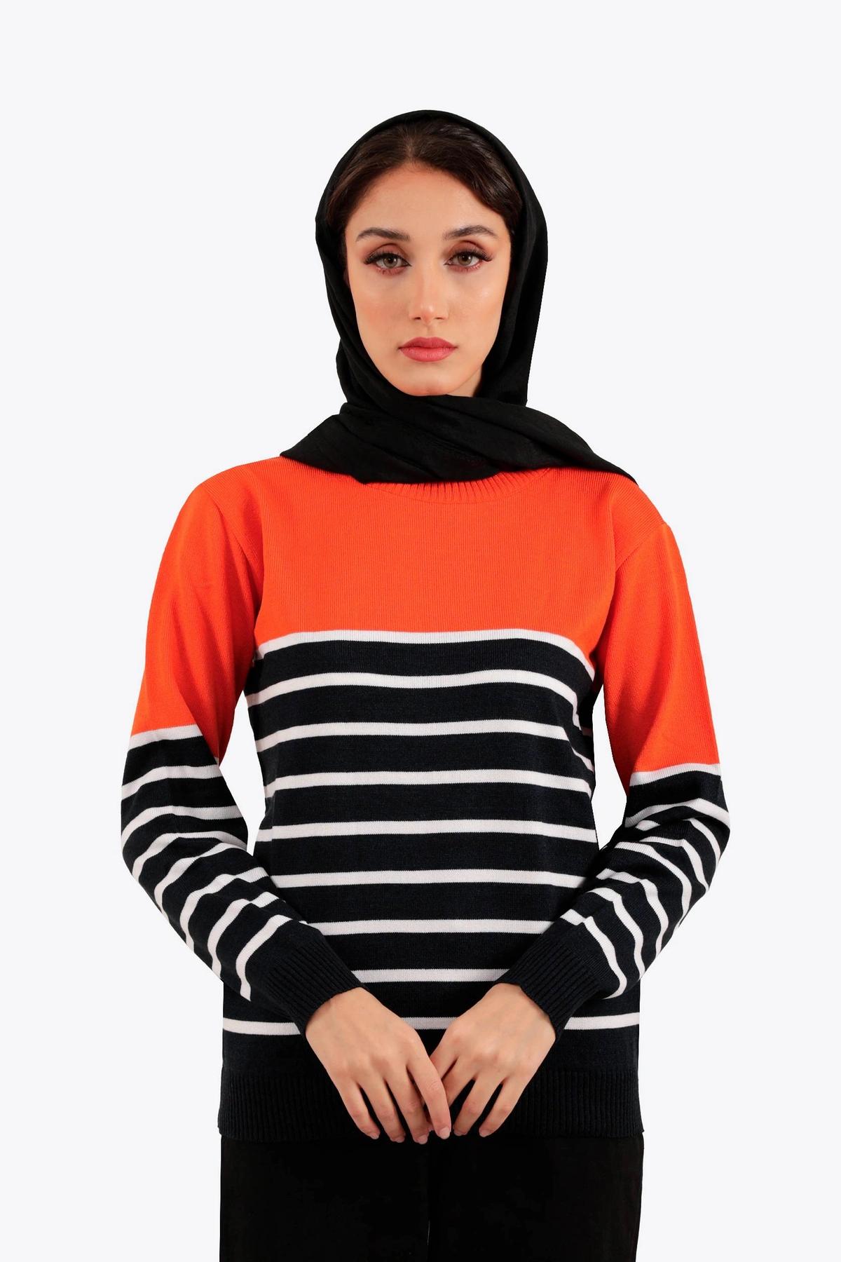 بافت یقه گرد زنانه طرح راه راه ترکیب رنگ مشکی و سفید با دیگر رنگ ها ، بلوز بافت زنانه با ارسال رایگا