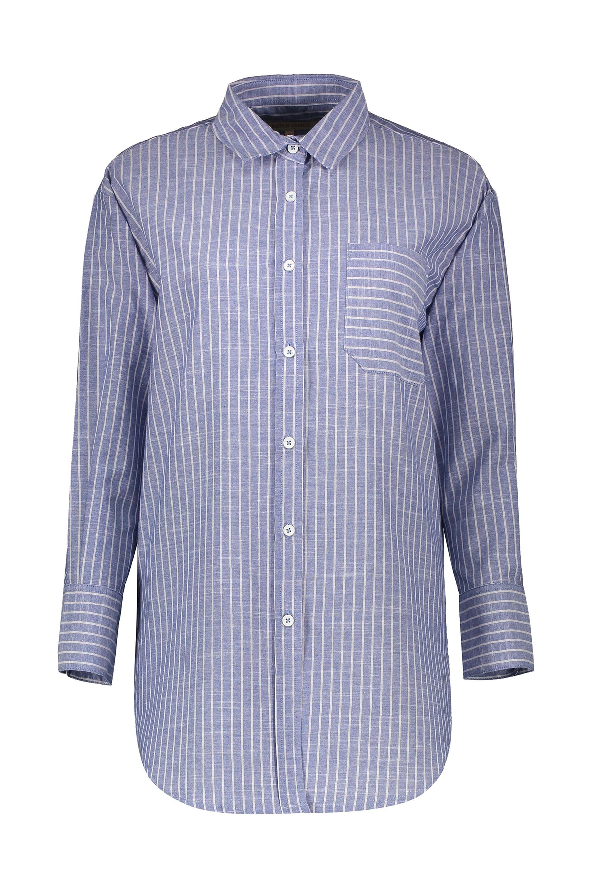 شومیز بلند زنانه تولید برند پاتن جامه ، شومیز طرح راه راه یقه برگردان دارای تک جیب قد تا بالای زانو 