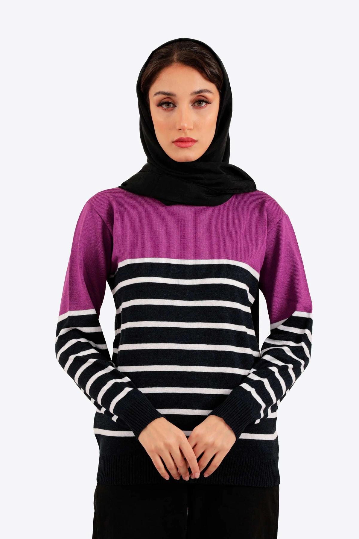 بافت یقه گرد زنانه طرح راه راه ترکیب رنگ مشکی و سفید با دیگر رنگ ها ، بلوز بافت زنانه با ارسال رایگا