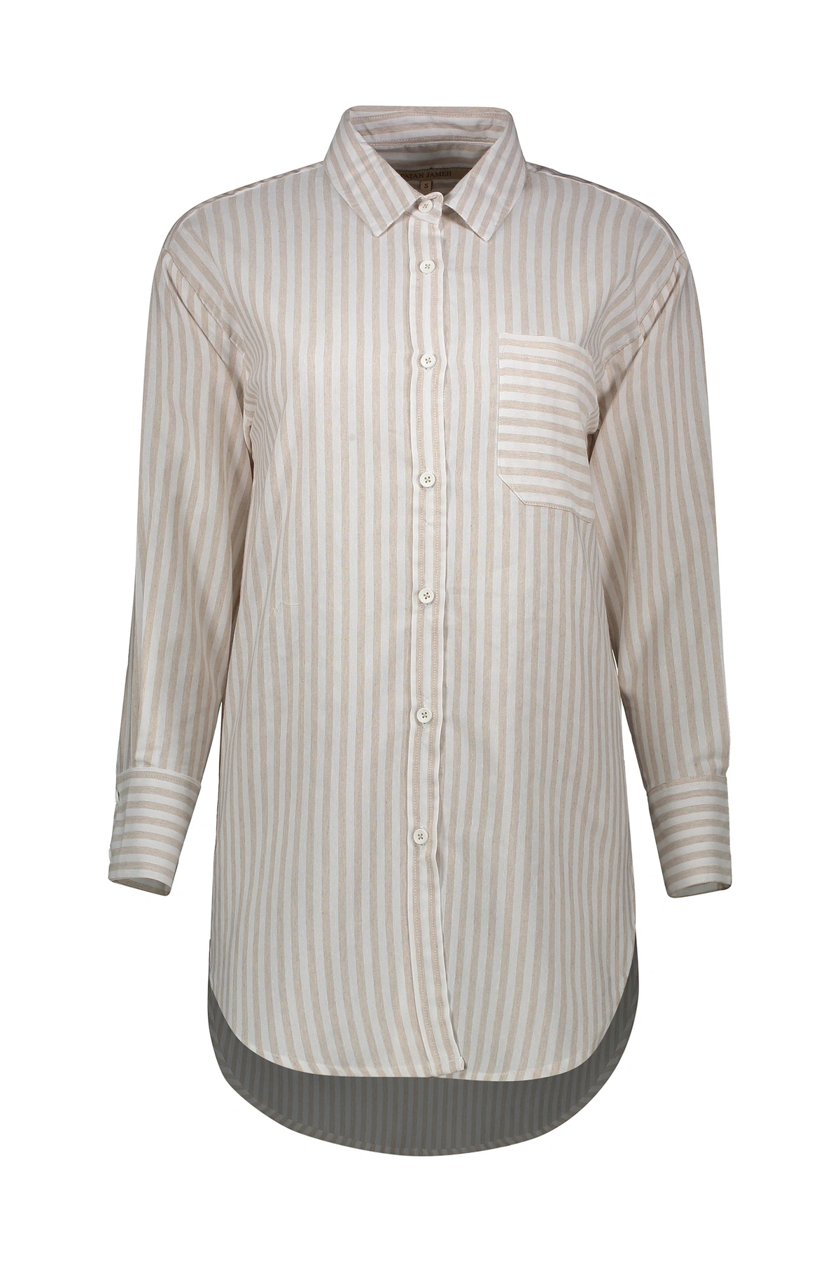 شومیز بلند زنانه تولید برند پاتن جامه ، شومیز طرح راه راه یقه برگردان دارای تک جیب قد تا بالای زانو 