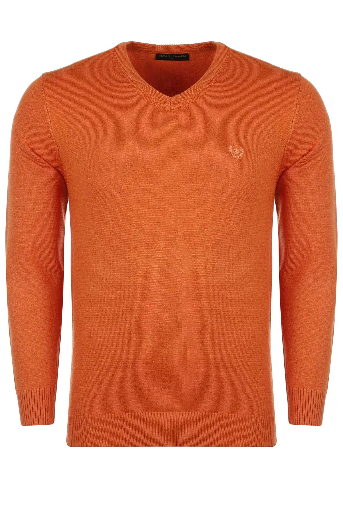 بافت یقه هفت نارنجی رنگ مردانه ، تولید از برند پاتن جامه ، پلیور گرم مردانه مناسب فصول سرد.