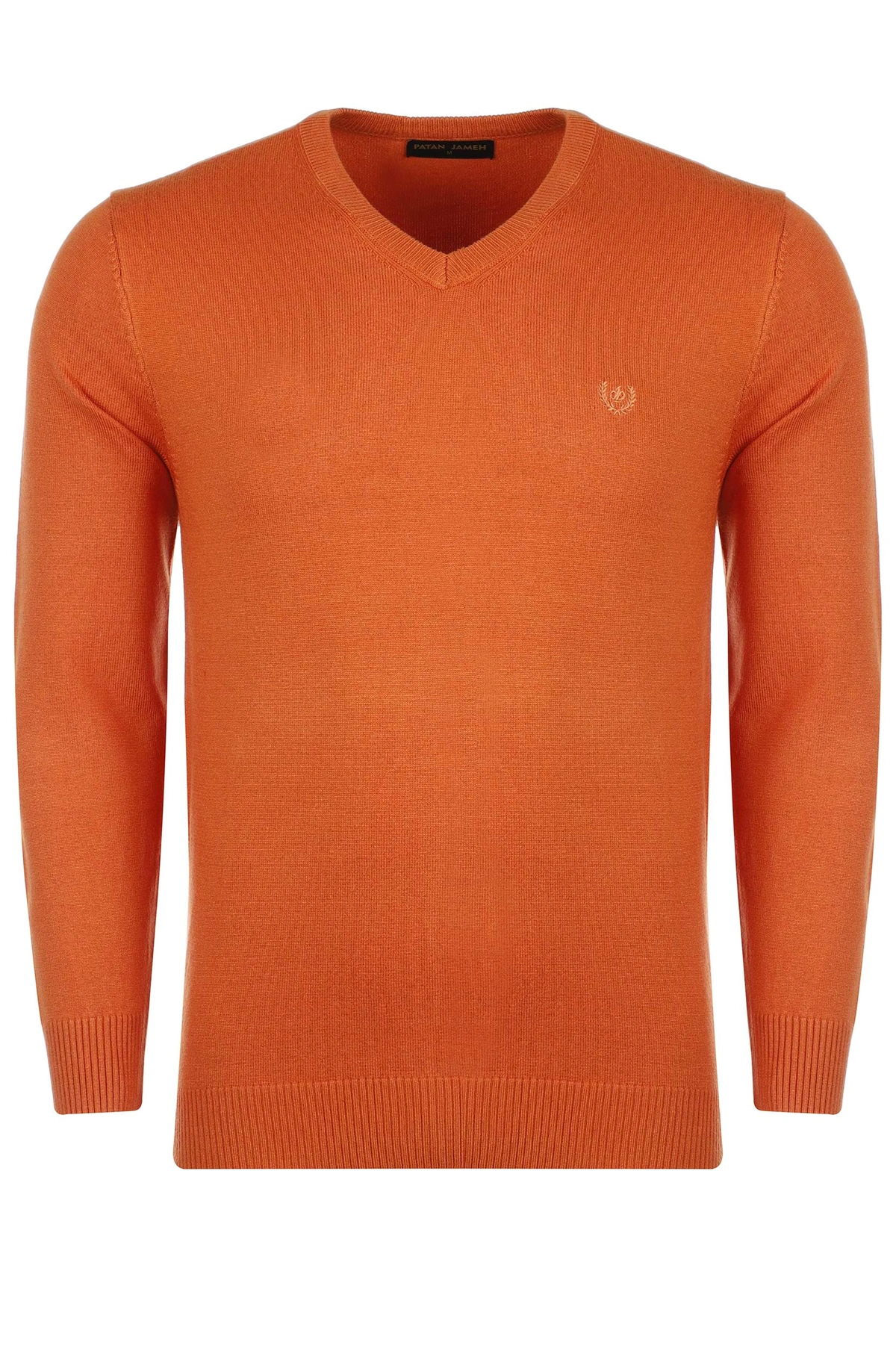 بافت یقه هفت نارنجی رنگ مردانه ، تولید از برند پاتن جامه ، پلیور گرم مردانه مناسب فصول سرد.