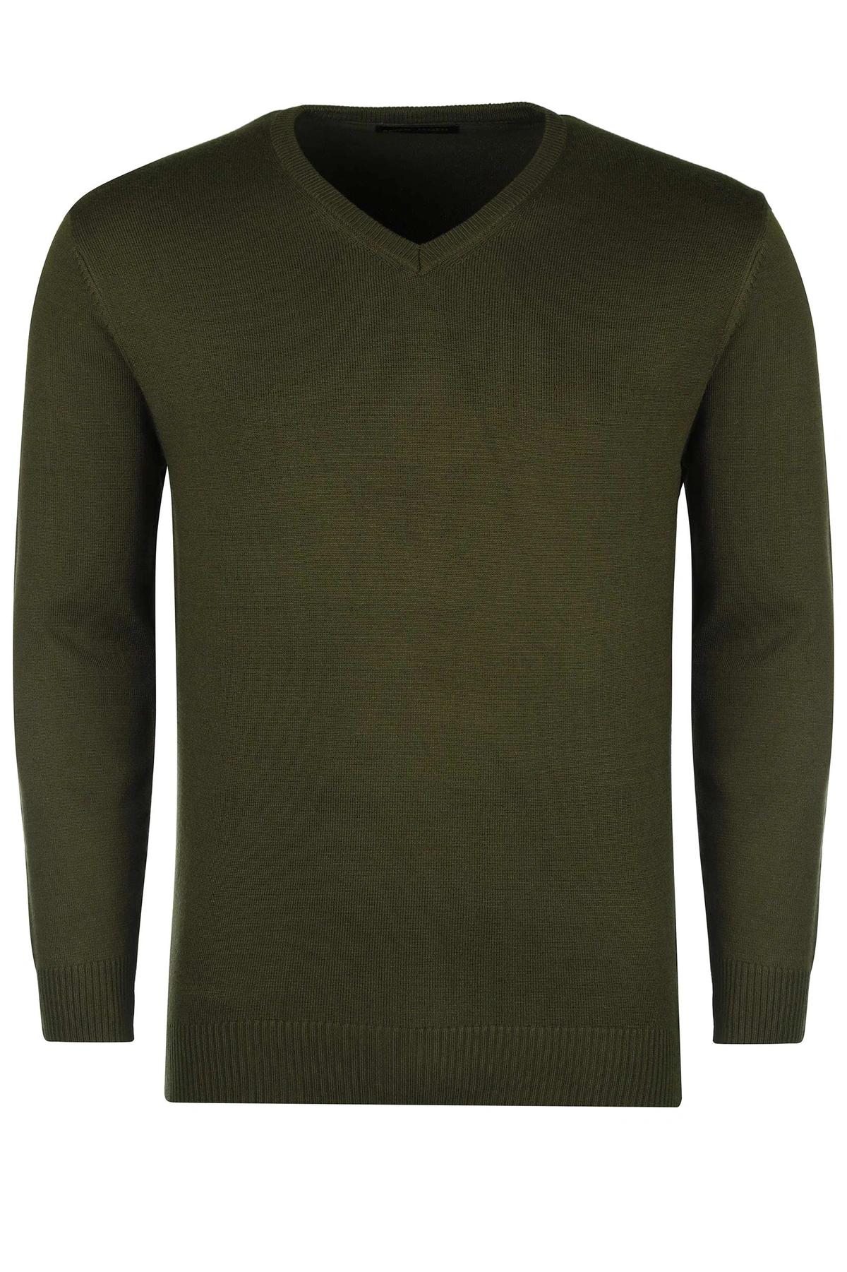 بافت یقه هفت سبز تیره مردانه ، تولید از برند پاتن جامه ، پلیور گرم مردانه مناسب فصول سرد.