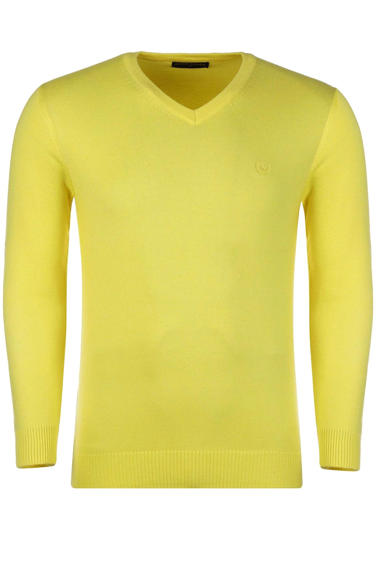 بافت یقه هفت زرد لیمویی مردانه ، تولید از برند پاتن جامه ، پلیور گرم مردانه مناسب فصول سرد.