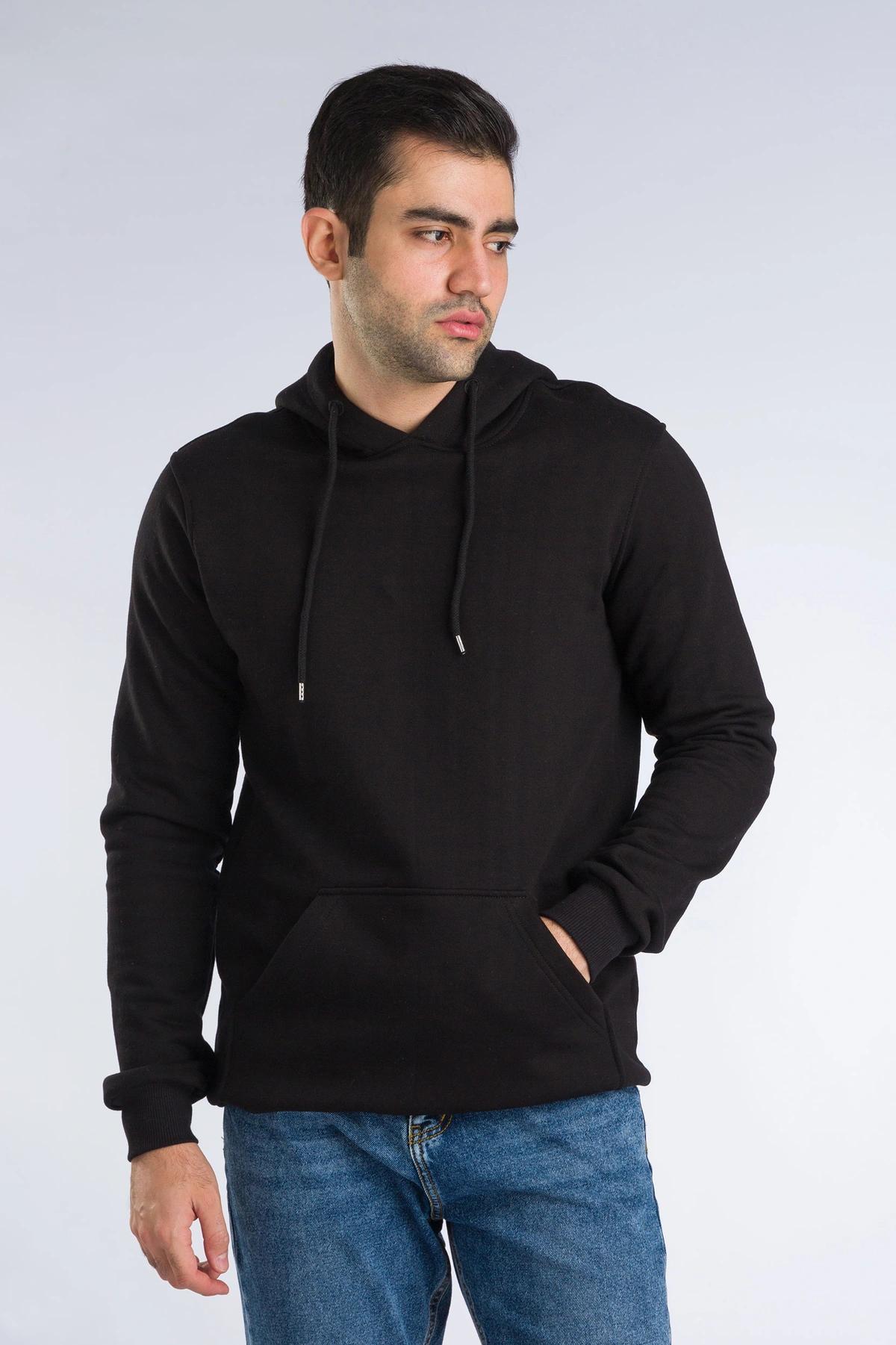 هودی مردانه به رنگ مشکی   ، جلو بسته دارای کلاه ثابت ، سوئیشرت هودی ضخیم پاییزه و زمستانه. 
