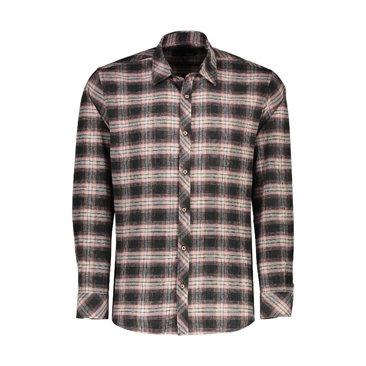 پیراهن پشمی آستین بلند مردانه چهارخانه صورتی مشکی تولید پاتن جامه می باشد. جنس پارچه صد در صد پنبه م