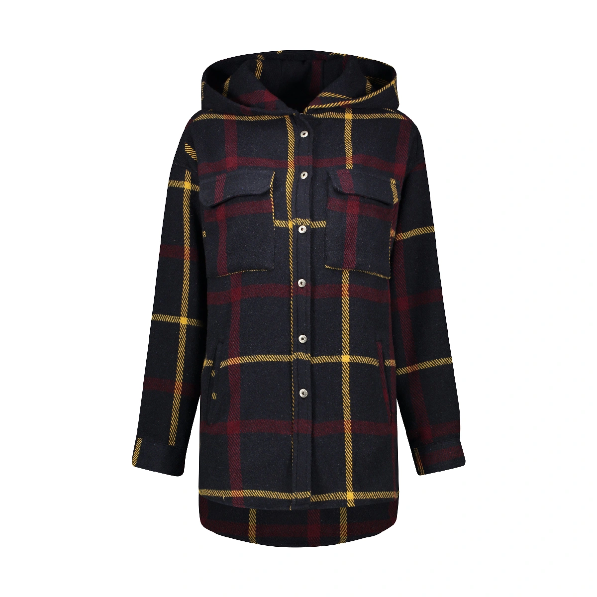 پیراهن پشمی کلاهدار زنانه تولید پاتن جامه می باشد. جنس پلی استر پنبه لاکرا می باشد. پارچه ضخیم پشمی 