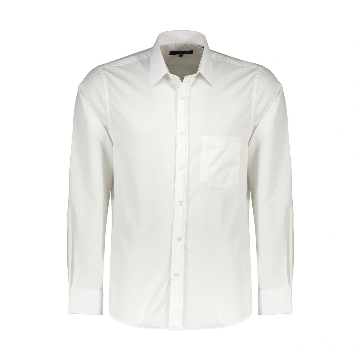 پیراهن آستین بلند مردانه رنگ سفید تولید پاتن جامه می باشد. جنس پیراهن تترون درجه 1 / 65 درصد پنبه - 