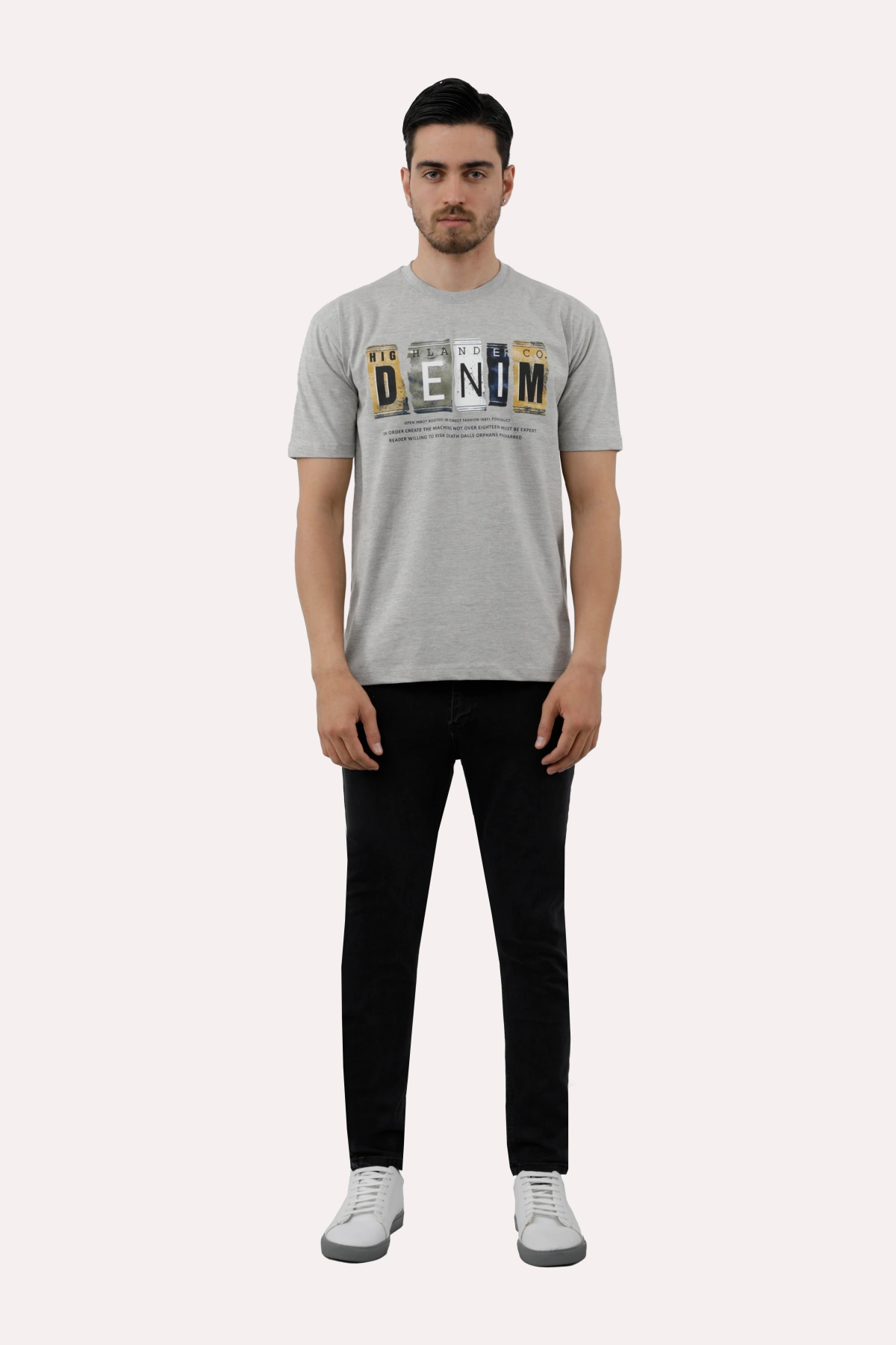 خرید تیشرت چاپدار مردانه پاتن جامه. تیشرت نخی قیمت پایین با کیفیت بالا. خرید تی شرت طرح دار رنگ طوسی