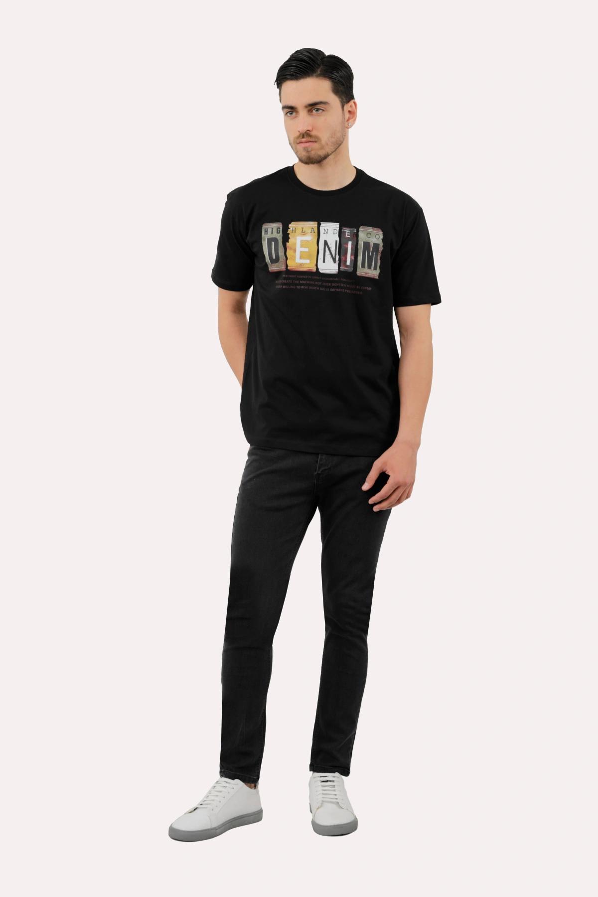 خرید تیشرت چاپدار مردانه پاتن جامه. تیشرت نخی قیمت پایین با کیفیت بالا. خرید تی شرت طرح دار رنگ مشکی