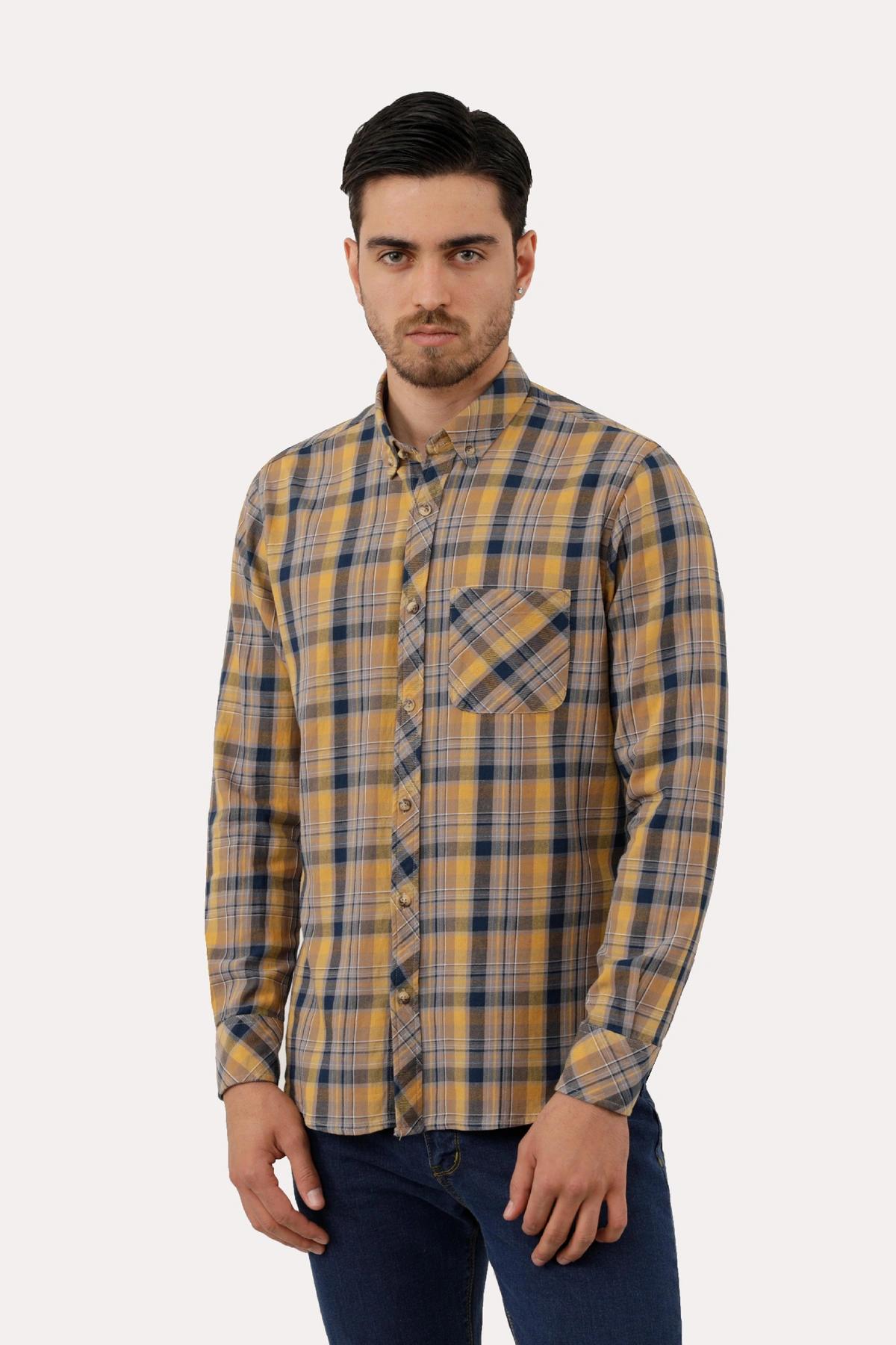 خرید پیراهن آستین بلند مردانه چهارخانه نخی از برند پاتن جامه. قیمت پیراهن نخی پاتن جامه طرح چهارخانه