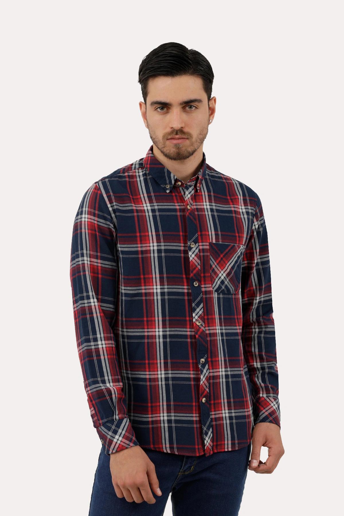 خرید پیراهن آستین بلند مردانه چهارخانه نخی از برند پاتن جامه. قیمت پیراهن نخی پاتن جامه طرح چهارخانه