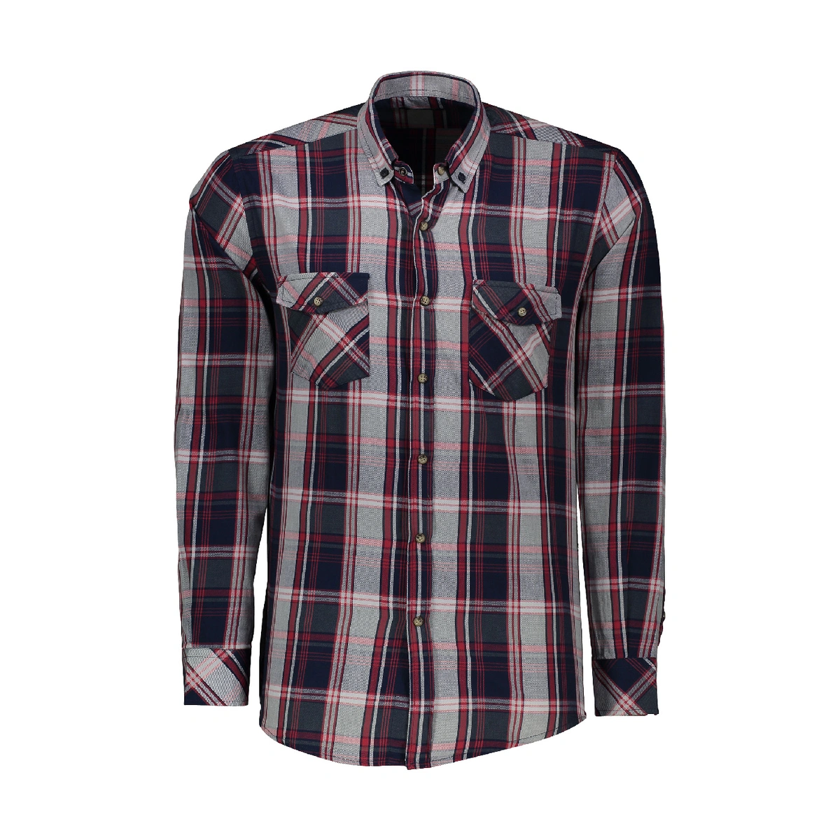 پیراهن آستین بلند مردانه پاتن جامه. پیراهن چهارخانه دارای دو جیب در دار دکمه دار. 