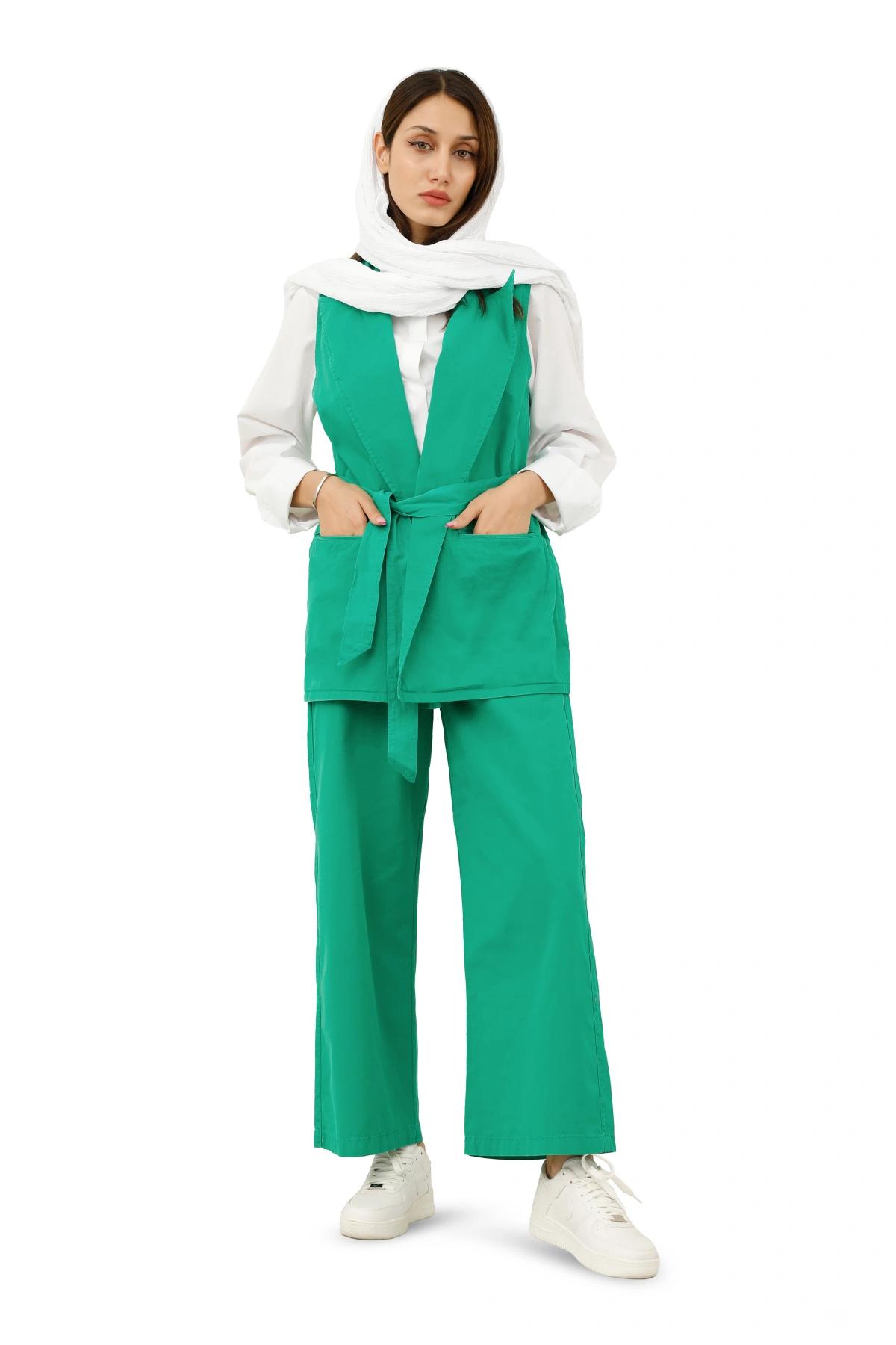 خرید کت و شلوار زنانه. بهترین قیمت جلیقه همراه با شوار زنانه کتان. 