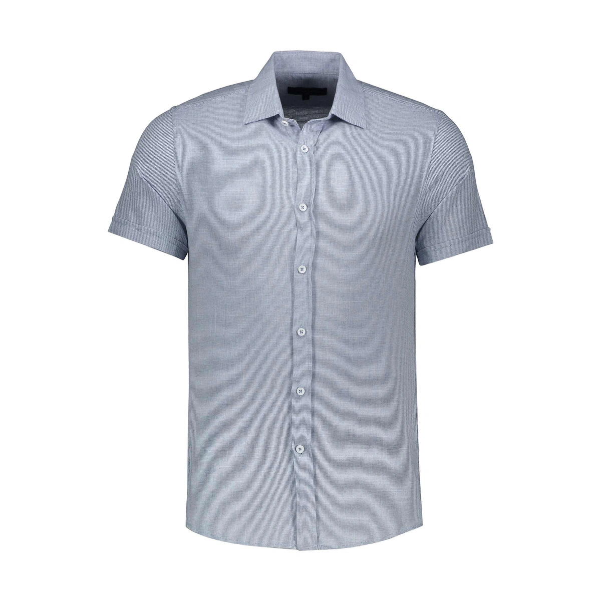 پیراهن آستین کوتاه رنگ آبی مردانه. پیراهن یقه برگردان پاتن جامه بدون جیب. 