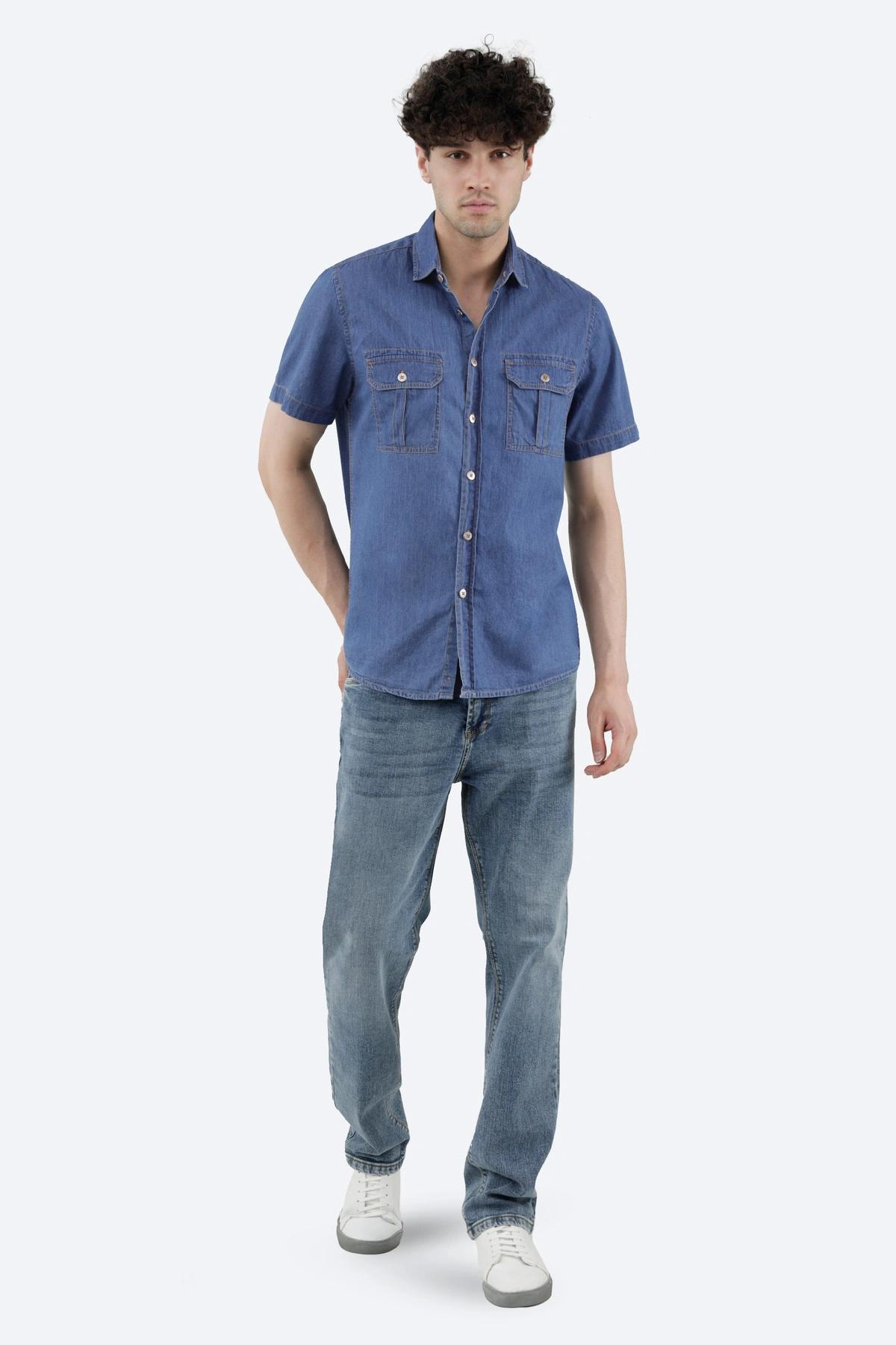 پیراهن جین آستین کوتاه مردانه دو جیب در دار مدل معمولی از فروشگاه اینترنتی پاتن جامه.
