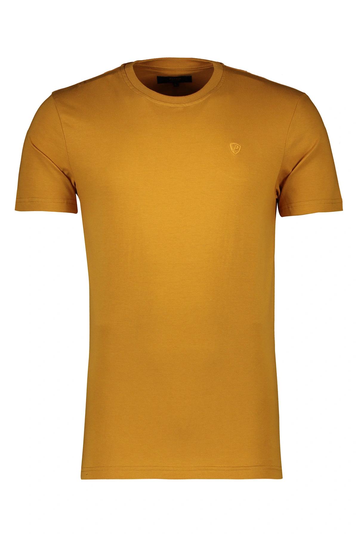 تی شرت رنگ خردلی آستین کوتاه ساده مردانه یقه گرد مدل معمولی پاتن جامه. 