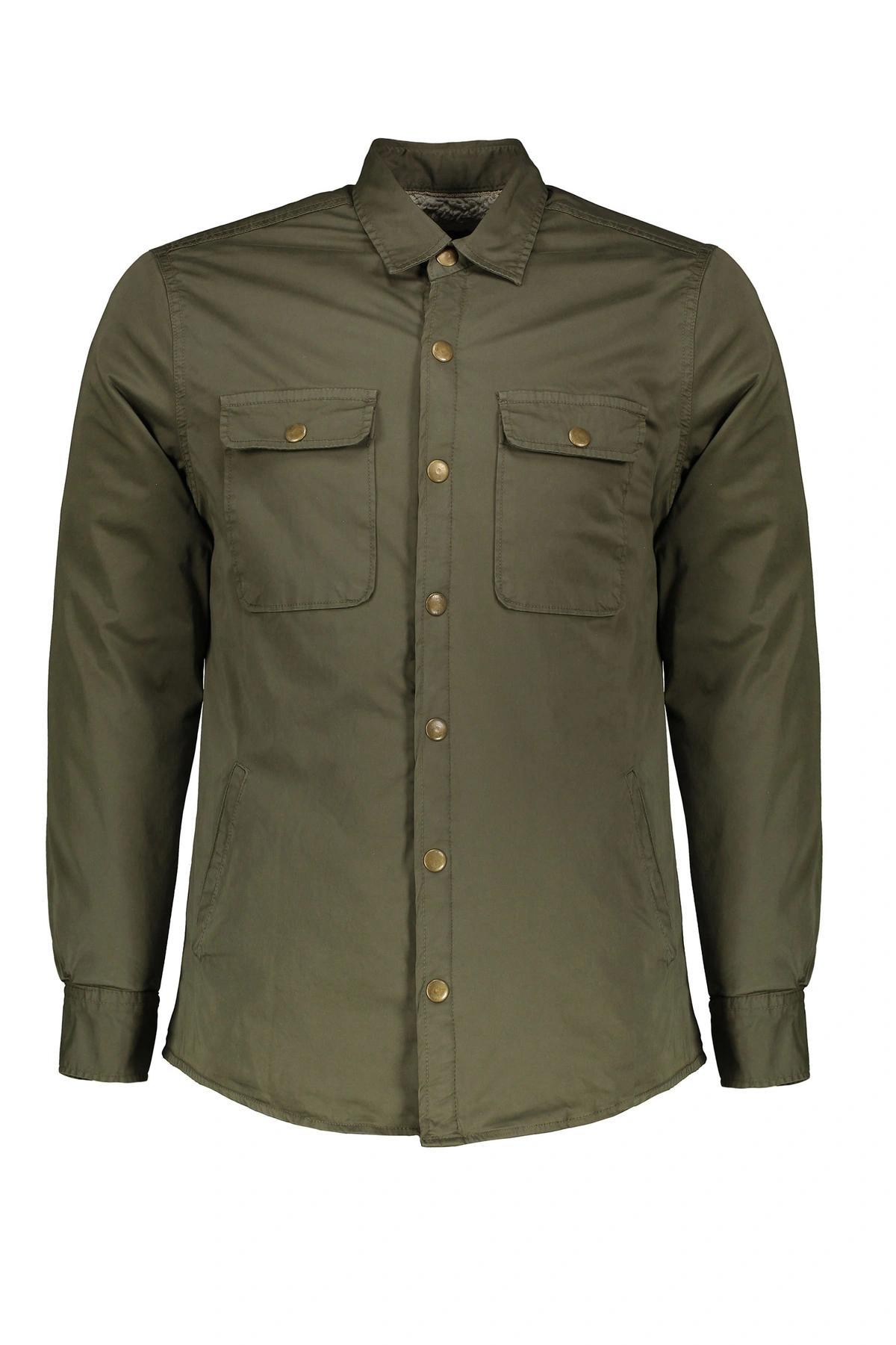 کاپشن پیراهنی مردانه برند پاتن جامه داخل خز دار رنگ سبز تیره. 