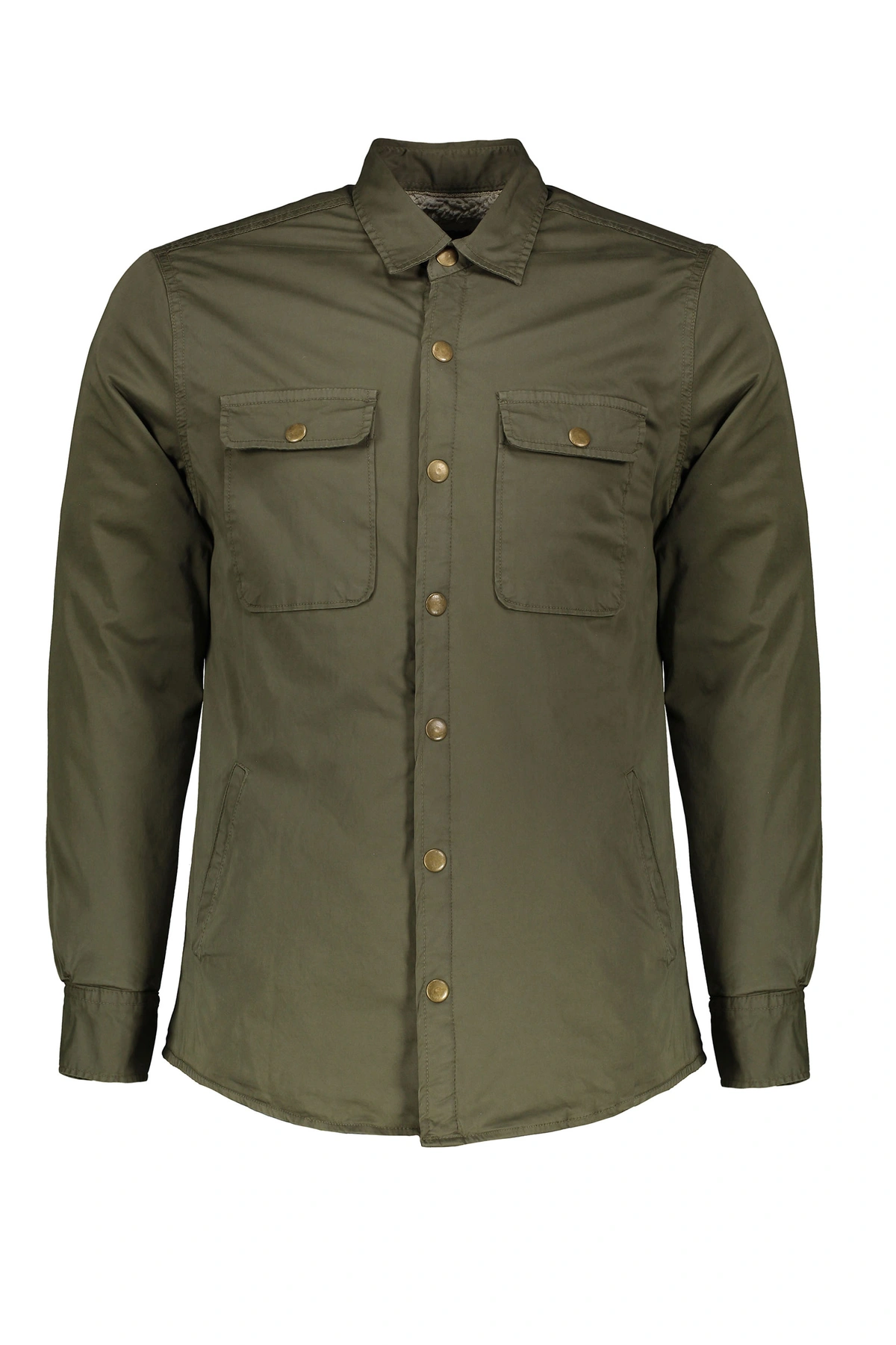 کاپشن پیراهنی مردانه برند پاتن جامه داخل خز دار رنگ سبز تیره. 