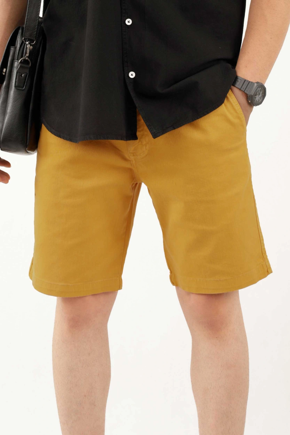 شلوارک کتان خردلی مدل پاتن جامه / قیمت شلوارک پاتن جامه فروشگاه انلاین پاتن جامه  