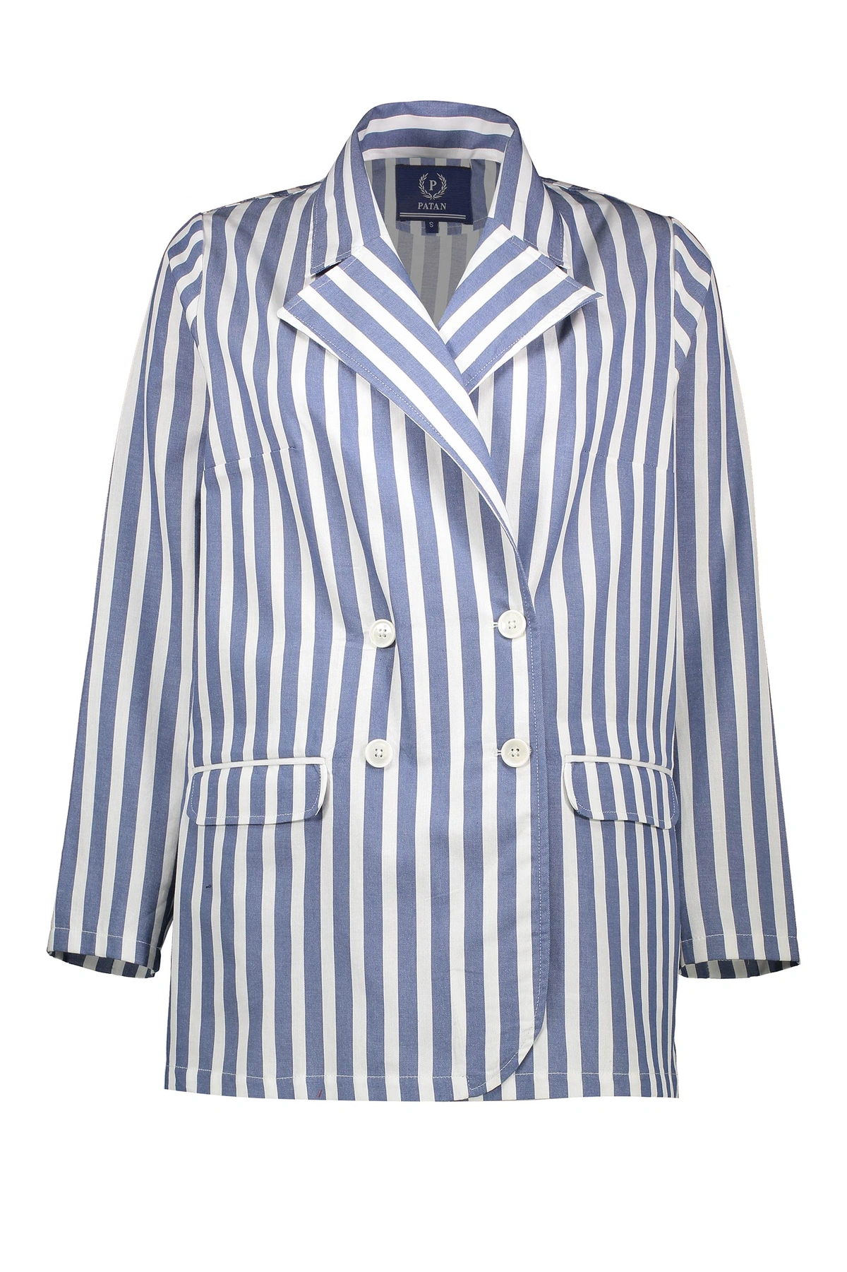 خرید کت زنانه طرح راه راه کت یقه انگلیسی زنانه تولید پاتن جامه می باشد. کت آزاد با یقه برگردان انگلی