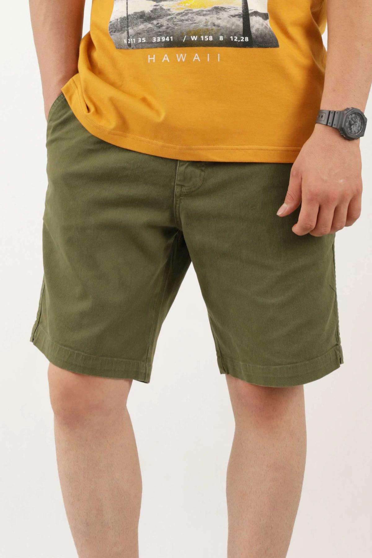 شلوارک کتان خردلی مدل پاتن جامه / قیمت شلوارک پاتن جامه فروشگاه انلاین پاتن جامه  