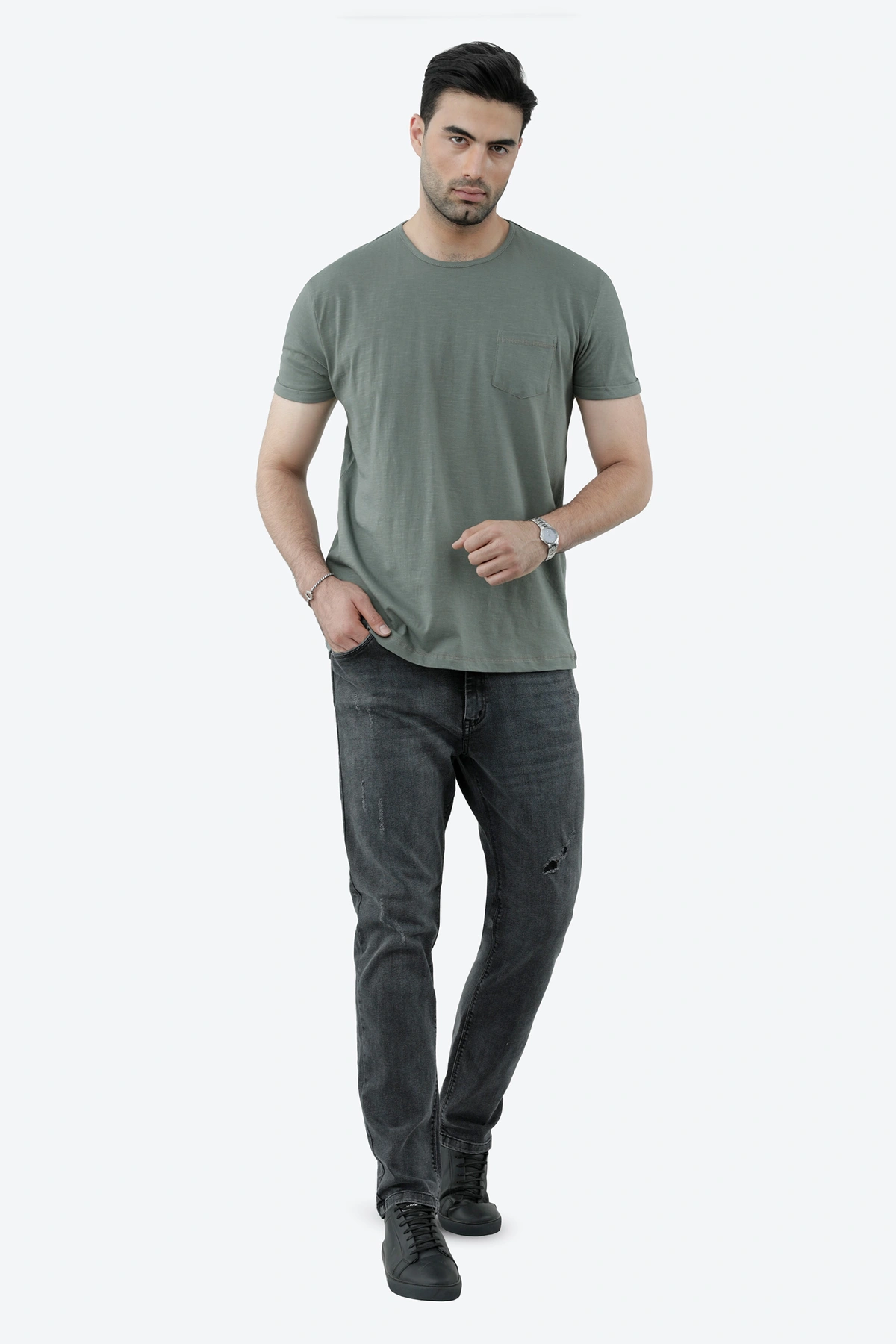 تی شرت آستین کوتاه مردانه رنگ طوسی سبز تک جیب تولید برند پاتن جامه ارسال رایگان. 