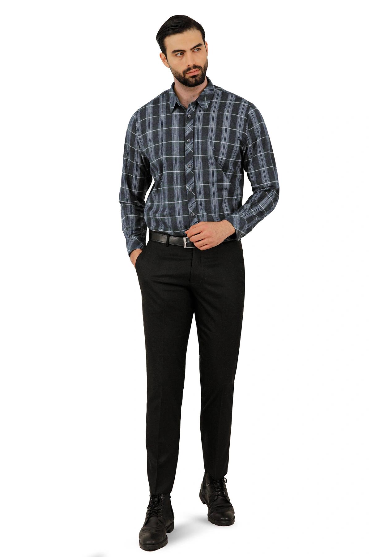 پیراهن طرح چهارخانه بدون جیب پشمی مردانه ، از برند پاتن جامه. 