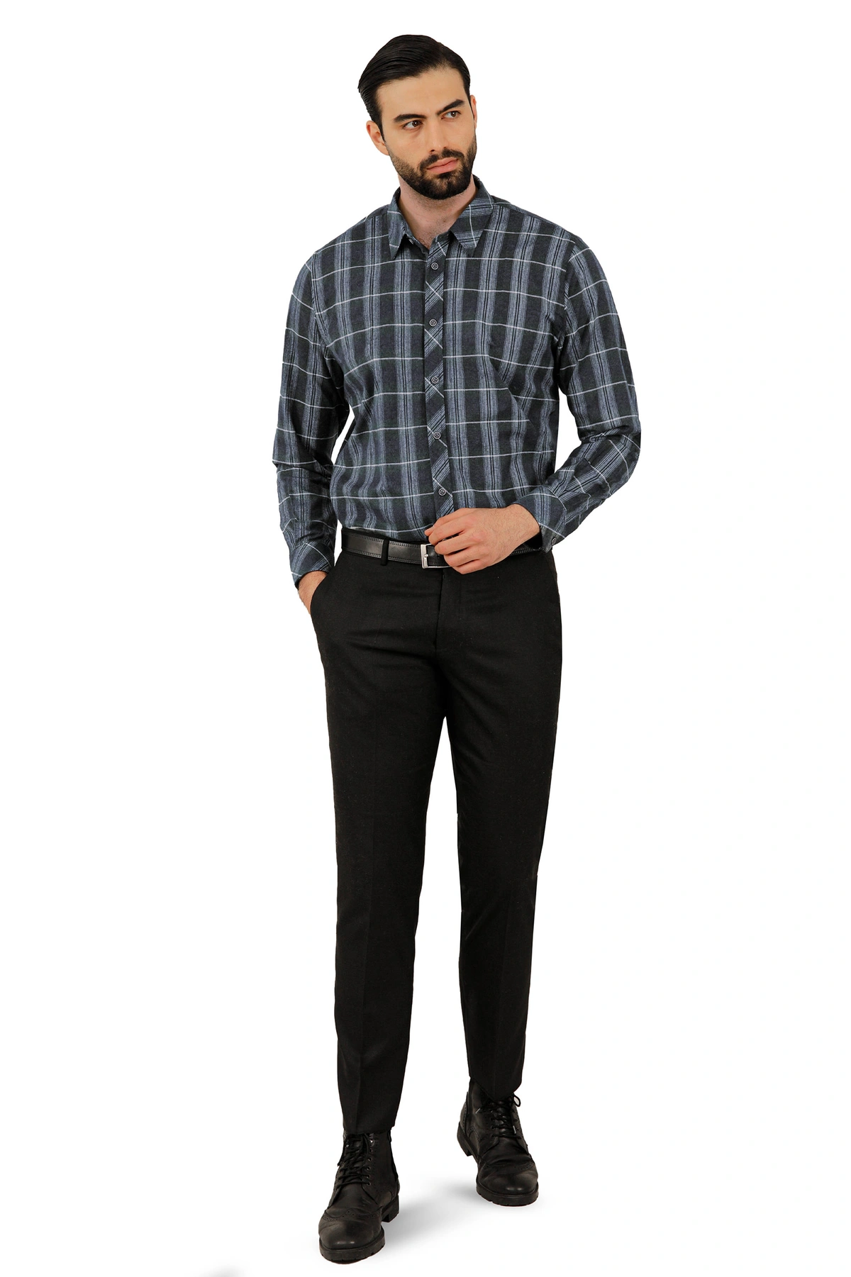 پیراهن طرح چهارخانه بدون جیب پشمی مردانه ، از برند پاتن جامه. 