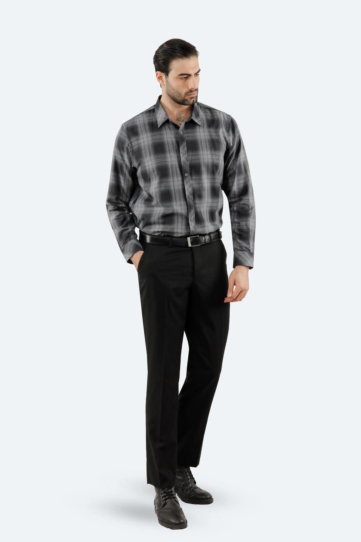 خرید پیراهن آستین بلند مردانه ، طرح چهارخانه ، پیراهن رگولار رنگ طوسی مشکی ، خرید آسان با ارسال رایگ