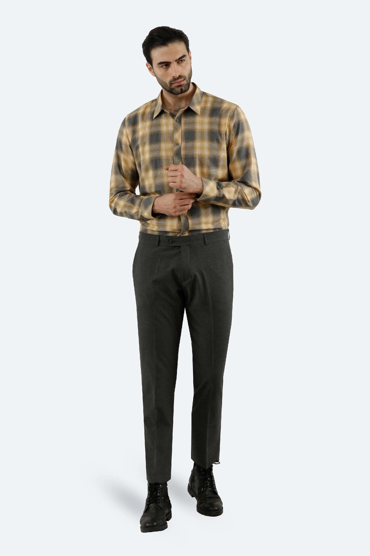 خرید پیراهن آستین بلند مردانه ، طرح چهارخانه ، پیراهن رگولار رنگ زرد ، خرید آسان با ارسال رایگان