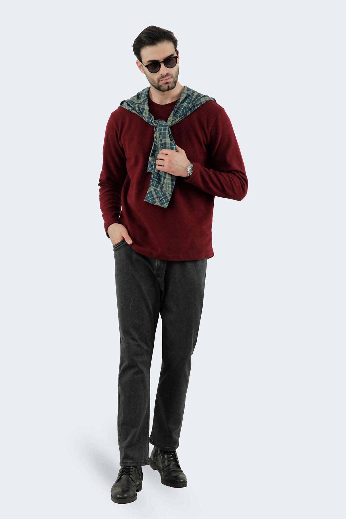 تیشرت آستین سلانیک مردانه ، رنگ زرشکی یقه کشبافت آستین بلند قواره دار معمولی خرید آنلاین ارسال رایگا