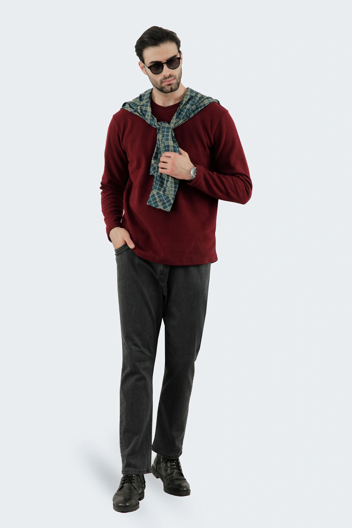 تیشرت آستین سلانیک مردانه ، رنگ زرشکی یقه کشبافت آستین بلند قواره دار معمولی خرید آنلاین ارسال رایگا