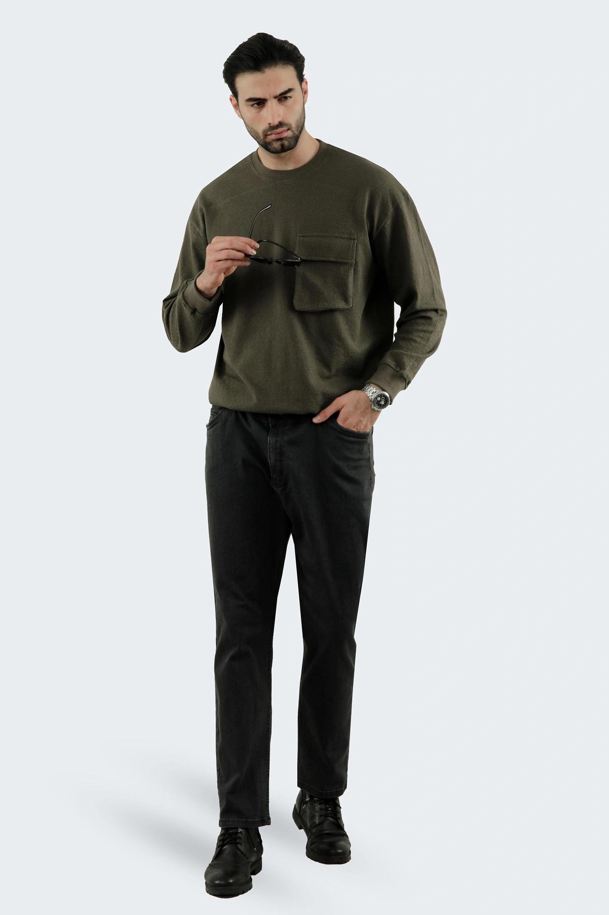 تیشرت ژاکارد آستین بلند مردانه رنگ سبز تیره ، تی شرت یقه گرد آستین دار پاییزه زمستان گرم.