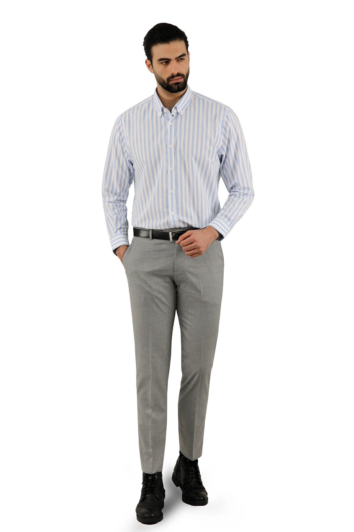 پیراهن آستین بلند راه راه مردانه ، رنگ سفید راه راه آبی روشن ، خرید آنلاین و ارسال رایگان.