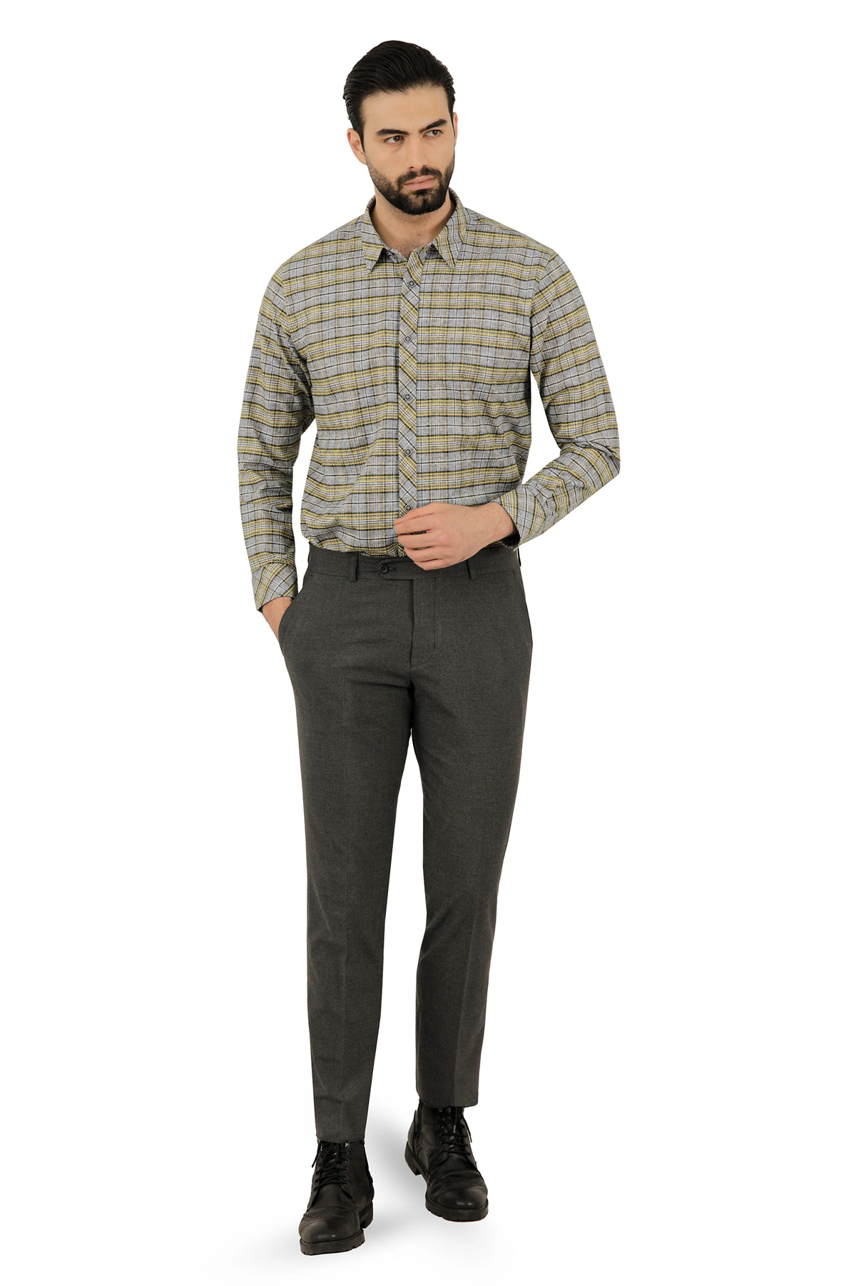 پیراهن طرح چهارخانه بدون جیب پشمی مردانه ، از برند پاتن جامه. 