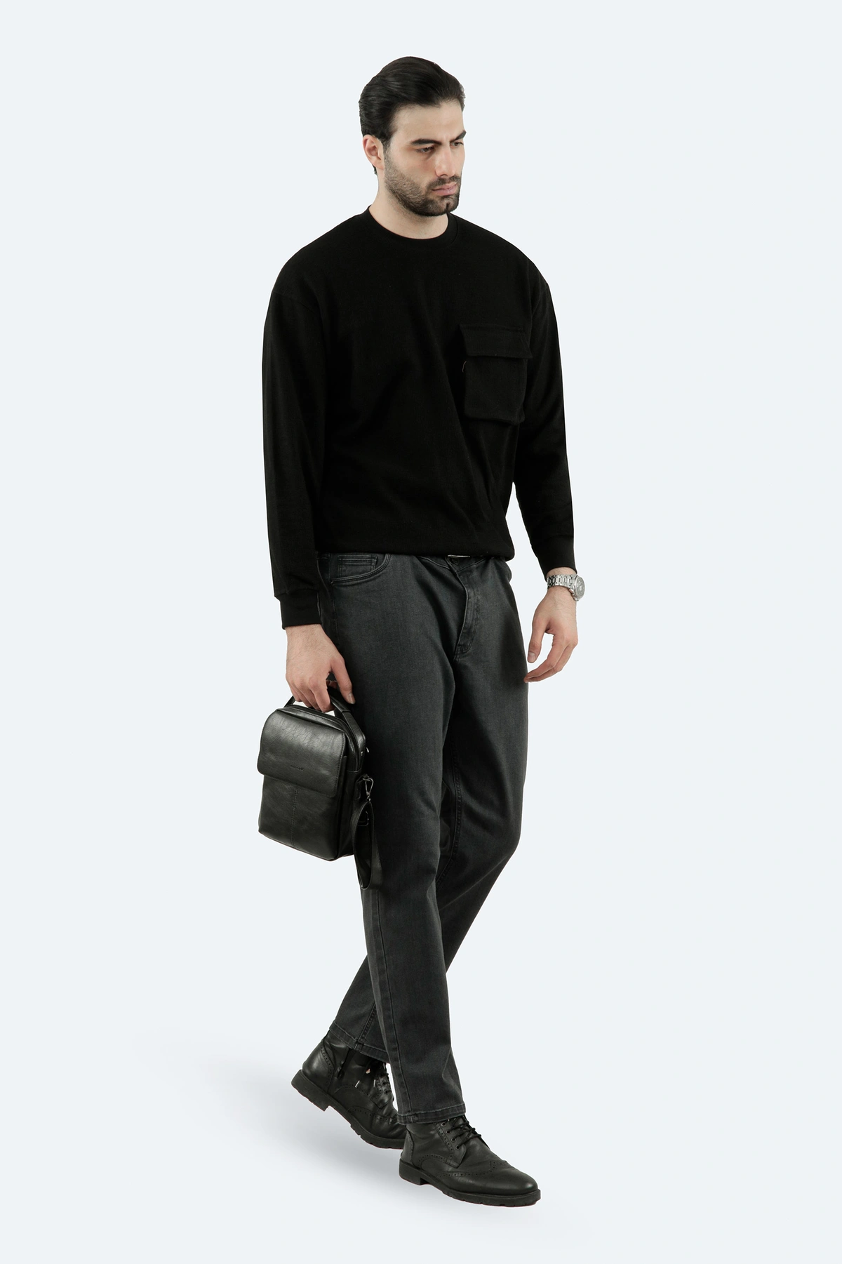 تیشرت ژاکارد آستین بلند مردانه رنگ مشکی طرح مستطیل، تی شرت یقه گرد آستین دار پاییزه زمستان گرم.