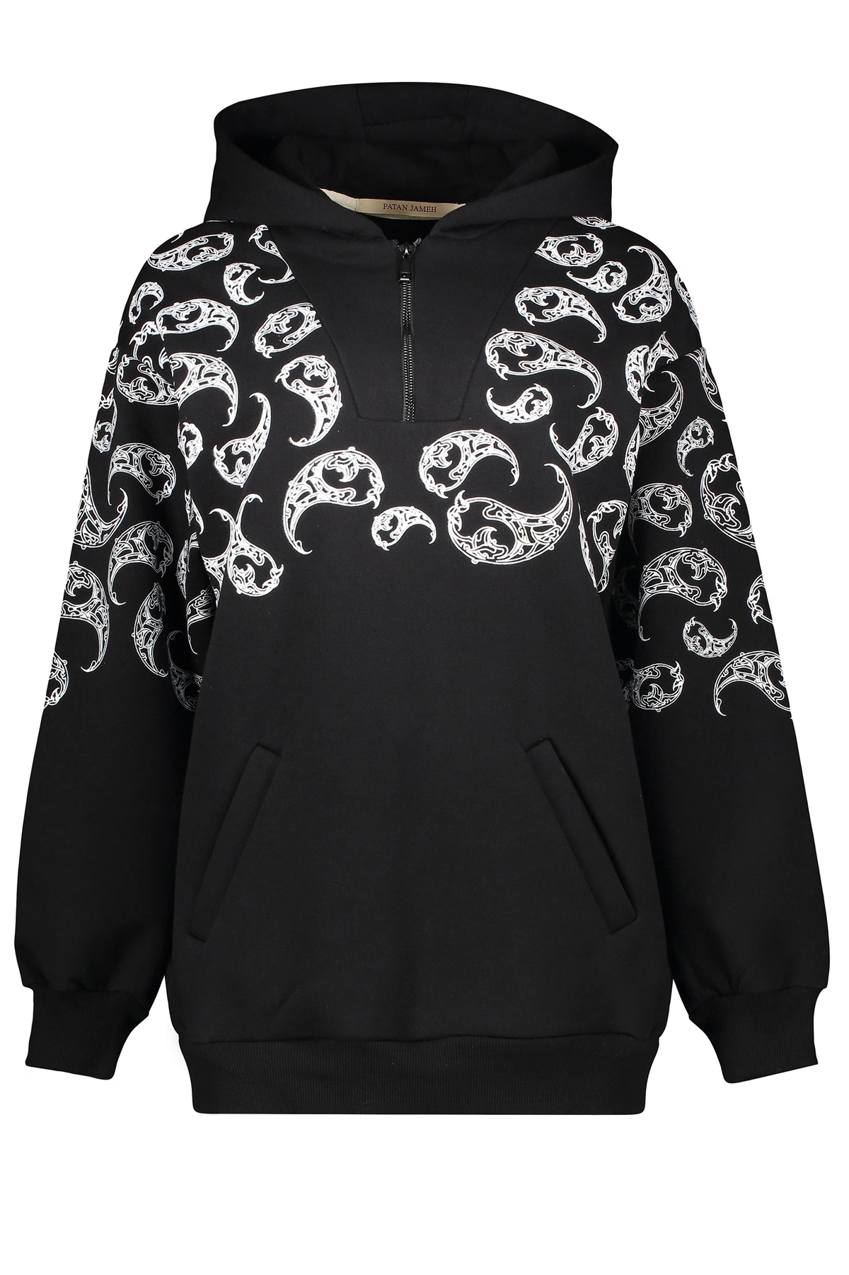 هودی زنانه ، رنگ مشکی دارای چاپ روی قسمت آستین ، زیپدار در قسمت یقه ، نسبتاً ضخیم. 