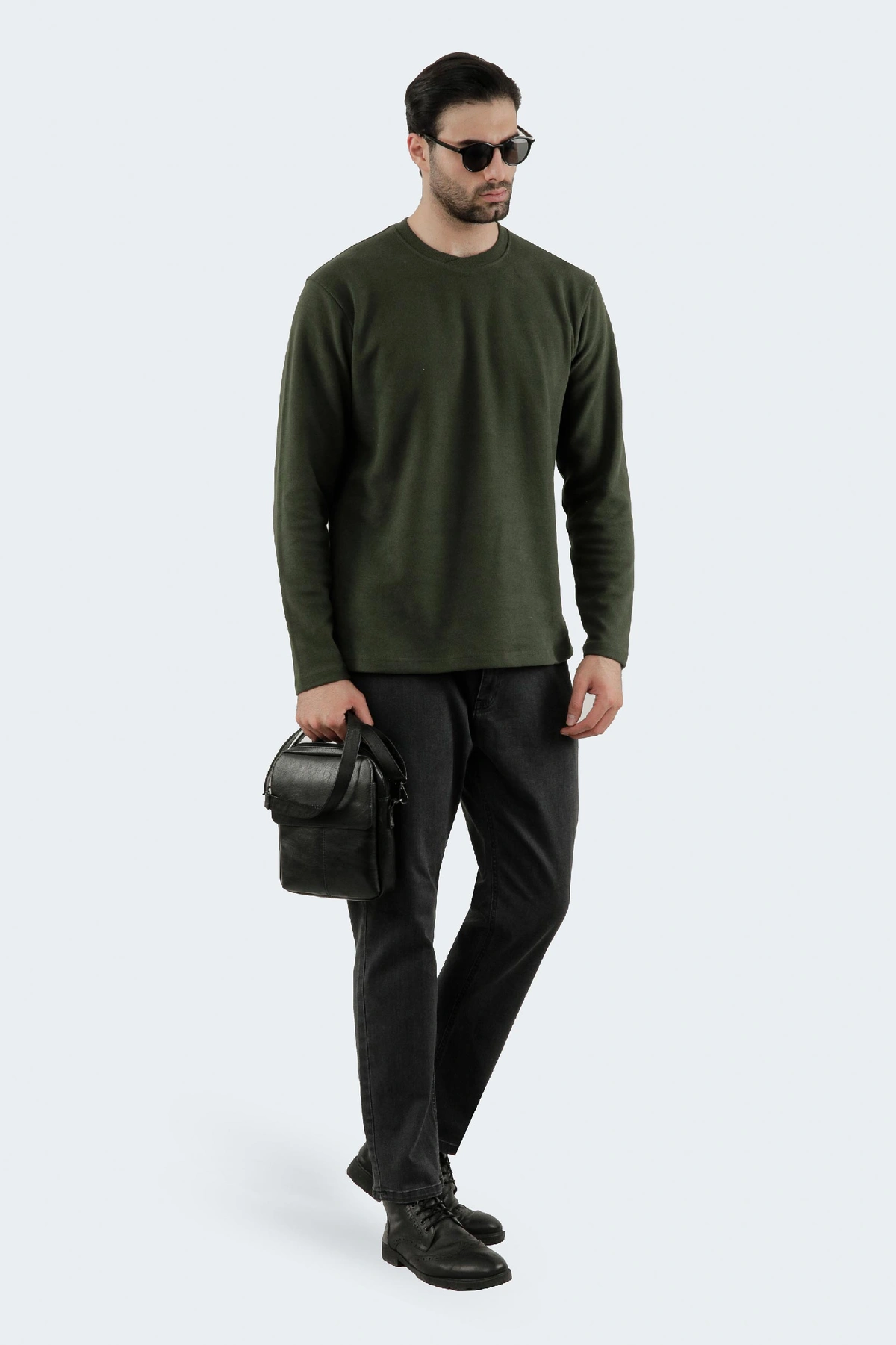 تیشرت آستین سلانیک مردانه ، رنگ سبز یقه کشبافت آستین بلند قواره دار معمولی خرید آنلاین ارسال رایگان