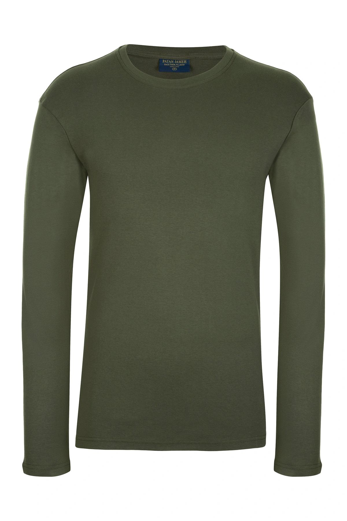 تیشرت آستین بلند مردانه یقه گرد رنگ سبز تیره استایل معمولی ، تیشرت ضخیم پاییزه زمستانه