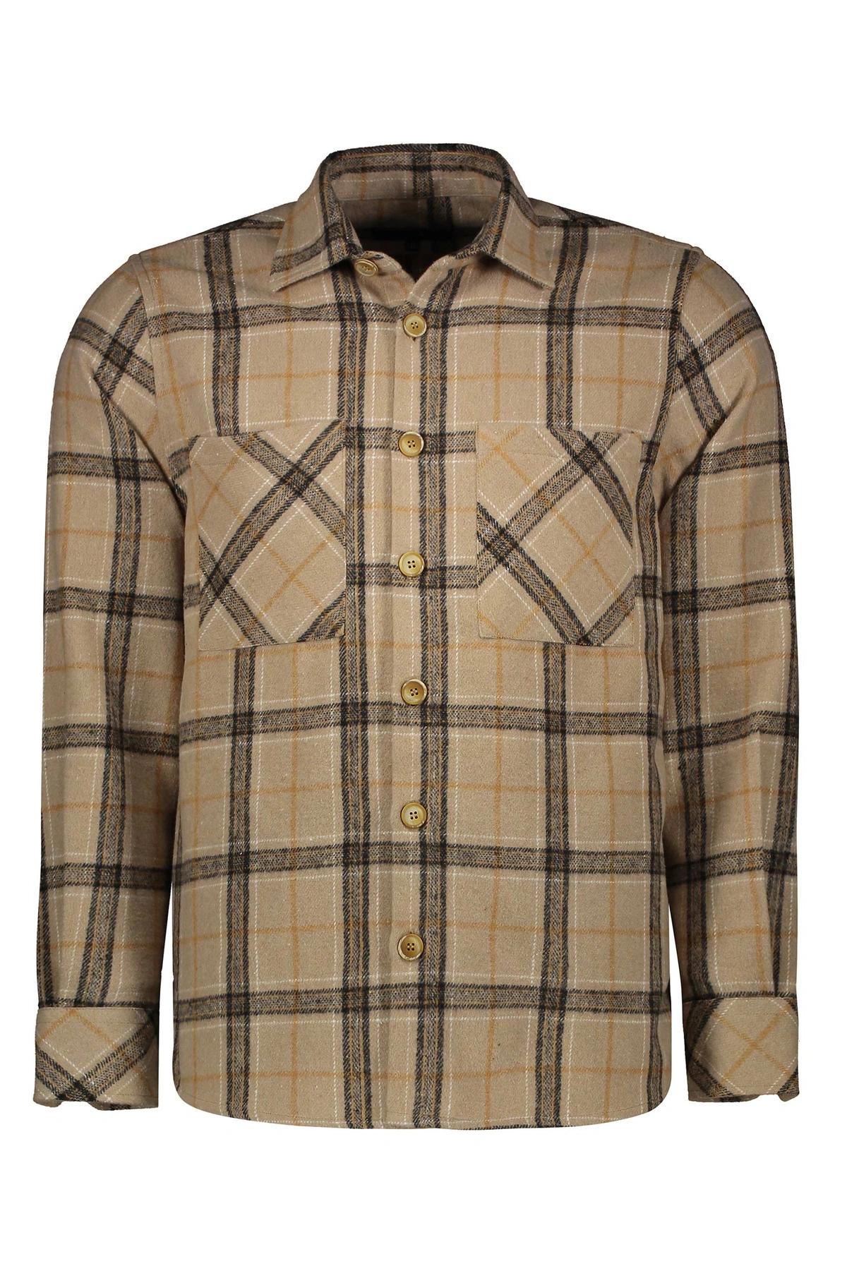 پیراهن آستین بلند پشمی مردانه طرح چهارخانه نسکافه ای ، مدل رگولار ارسال رایگان و سریع.