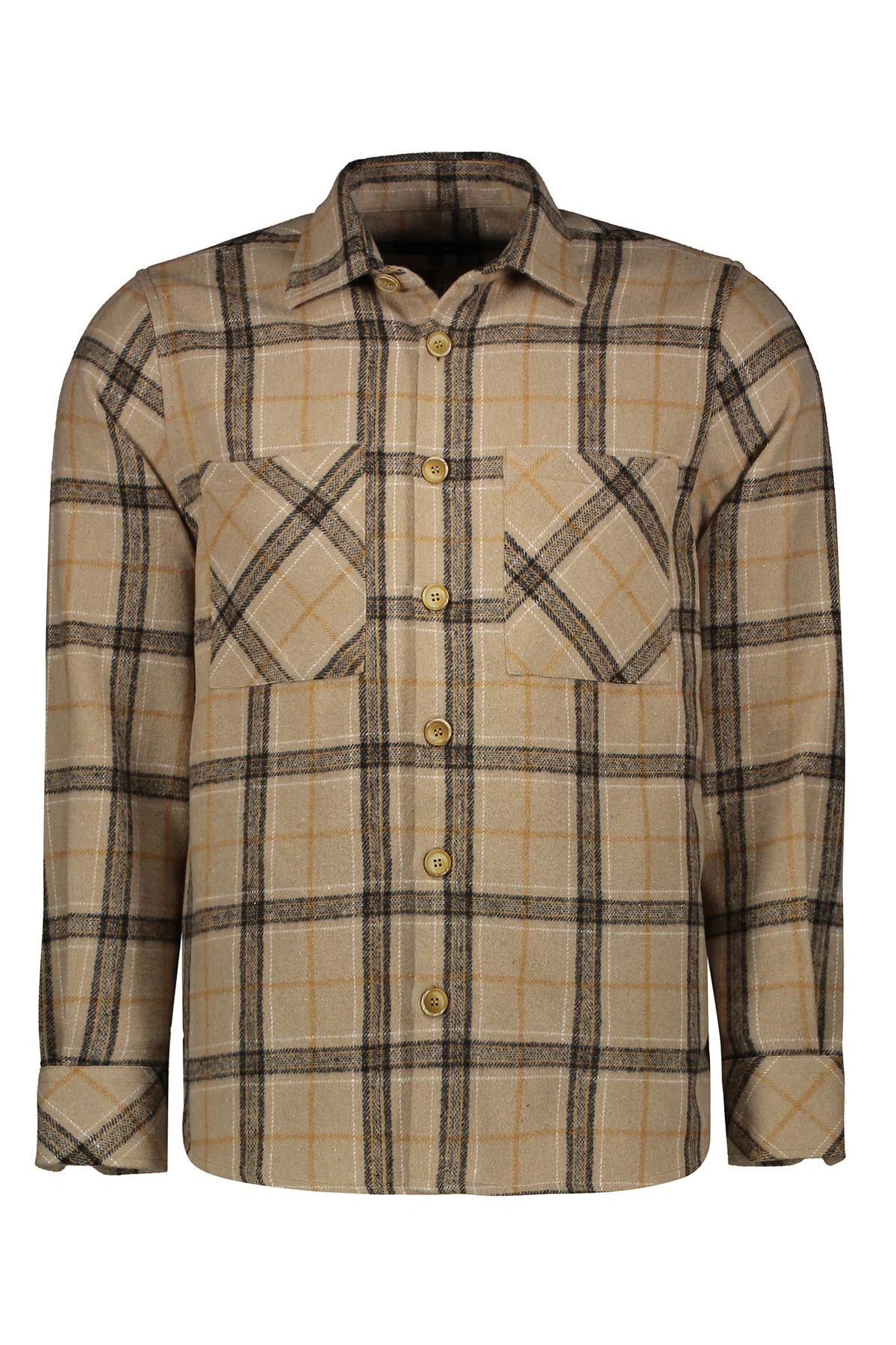 پیراهن آستین بلند پشمی مردانه طرح چهارخانه نسکافه ای ، مدل رگولار ارسال رایگان و سریع.