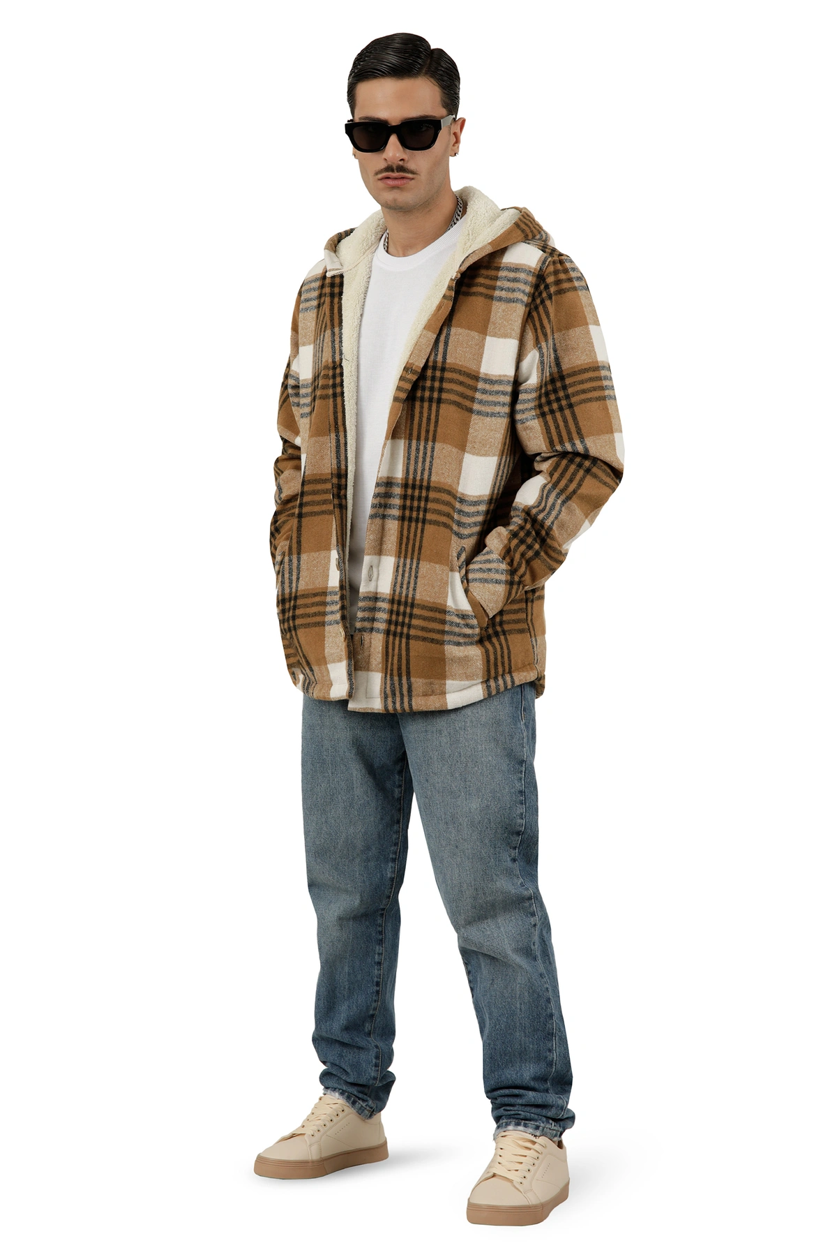 کاپشن کلاهدار پشمی مردانه طرح چهارخانه کرم روشن ، مدل آزاد ارسال رایگان و سریع.