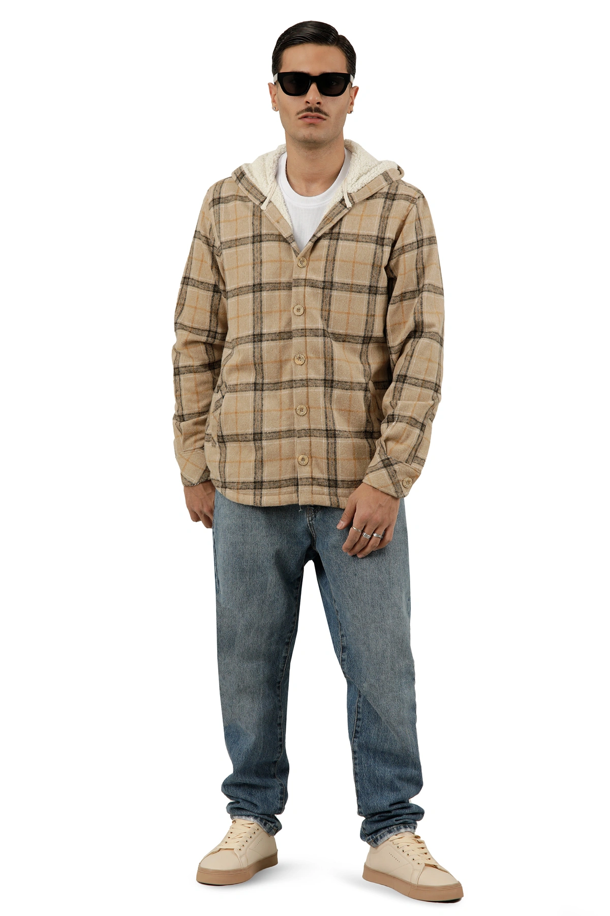 کاپشن کلاهدار پشمی مردانه طرح چهارخانه کرم تیره ، مدل آزاد ارسال رایگان و سریع.