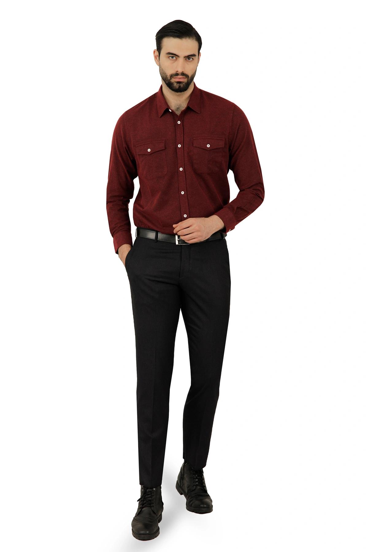 پیراهن طرح چهارخانه دو جیب در دار پشمی مردانه رنگ زرشکی ، از برند پاتن جامه. 