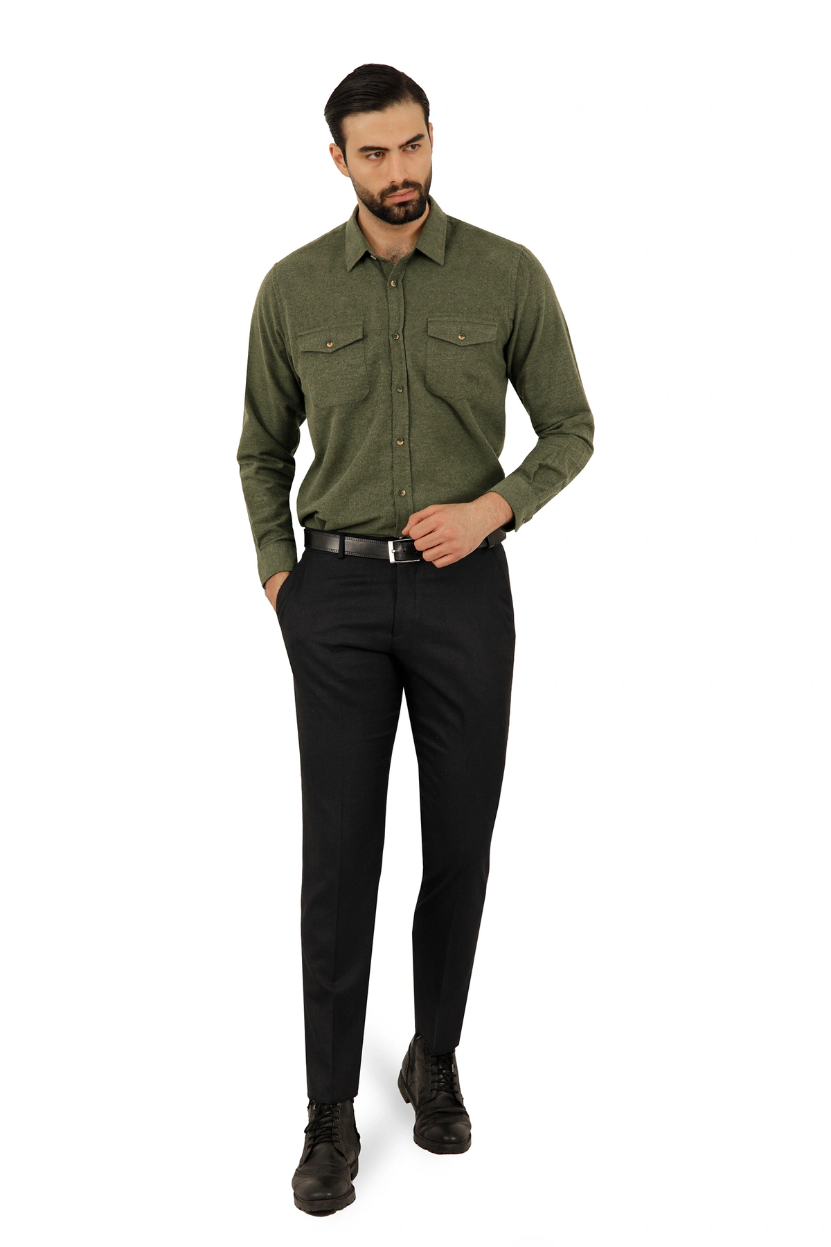 پیراهن طرح چهارخانه دو جیب در دار پشمی مردانه رنگ سبز تیره ، از برند پاتن جامه. 