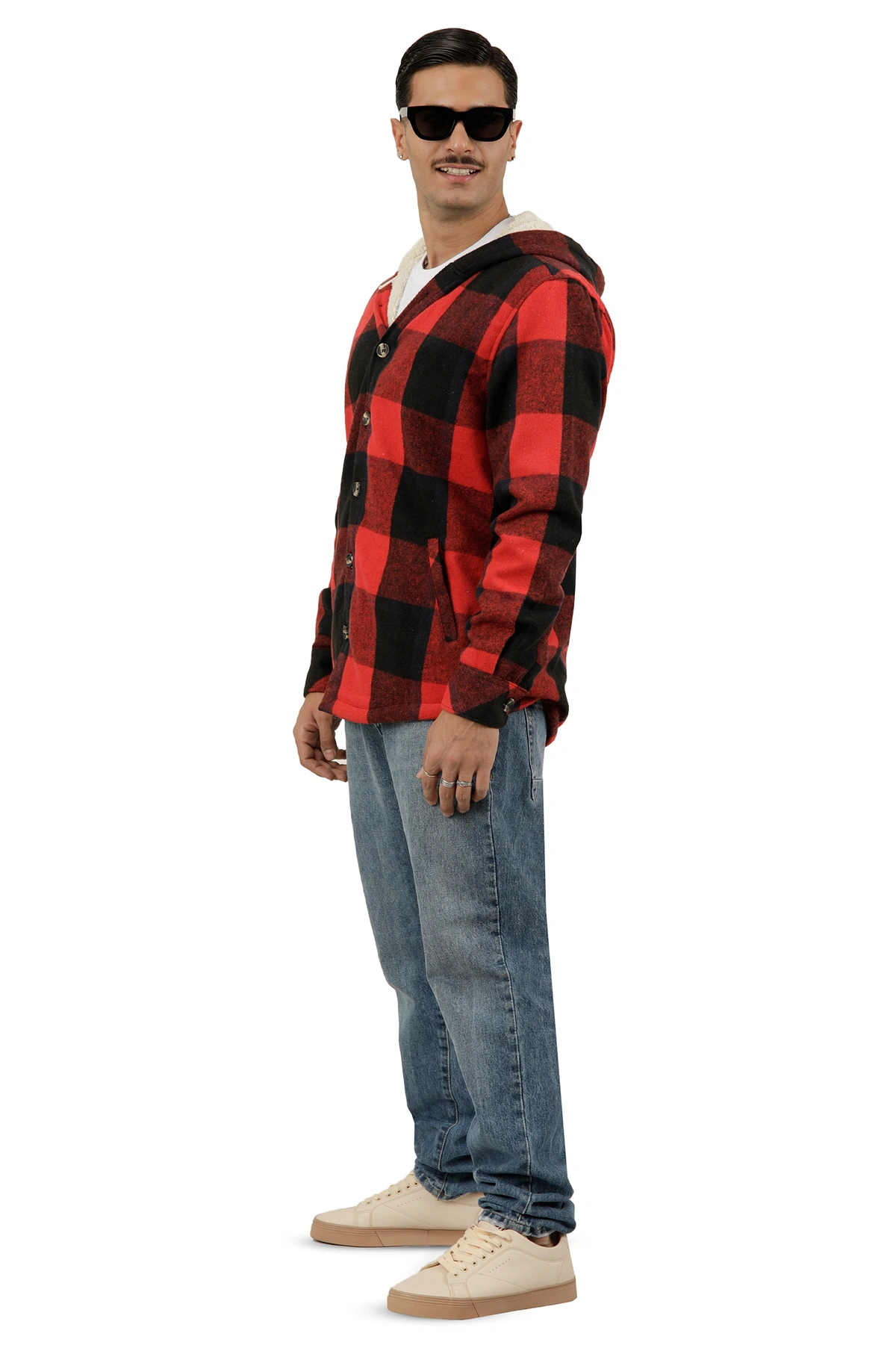 کاپشن کلاهدار پشمی مردانه طرح چهارخانه قرمز و مشکی ، مدل آزاد ارسال رایگان و سریع.