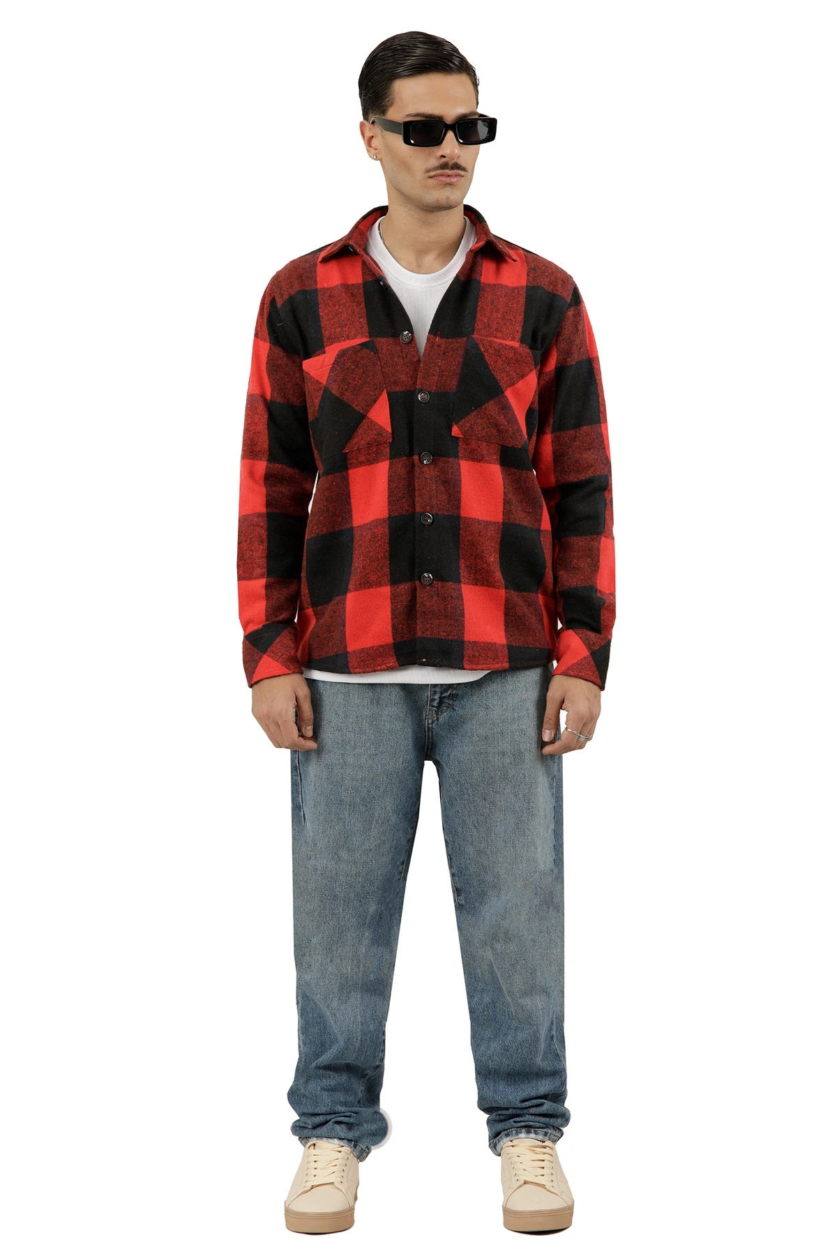 پیراهن آستین بلند پشمی مردانه طرح چهارخانه قرمز و مشکی ، مدل رگولار ارسال رایگان و سریع.